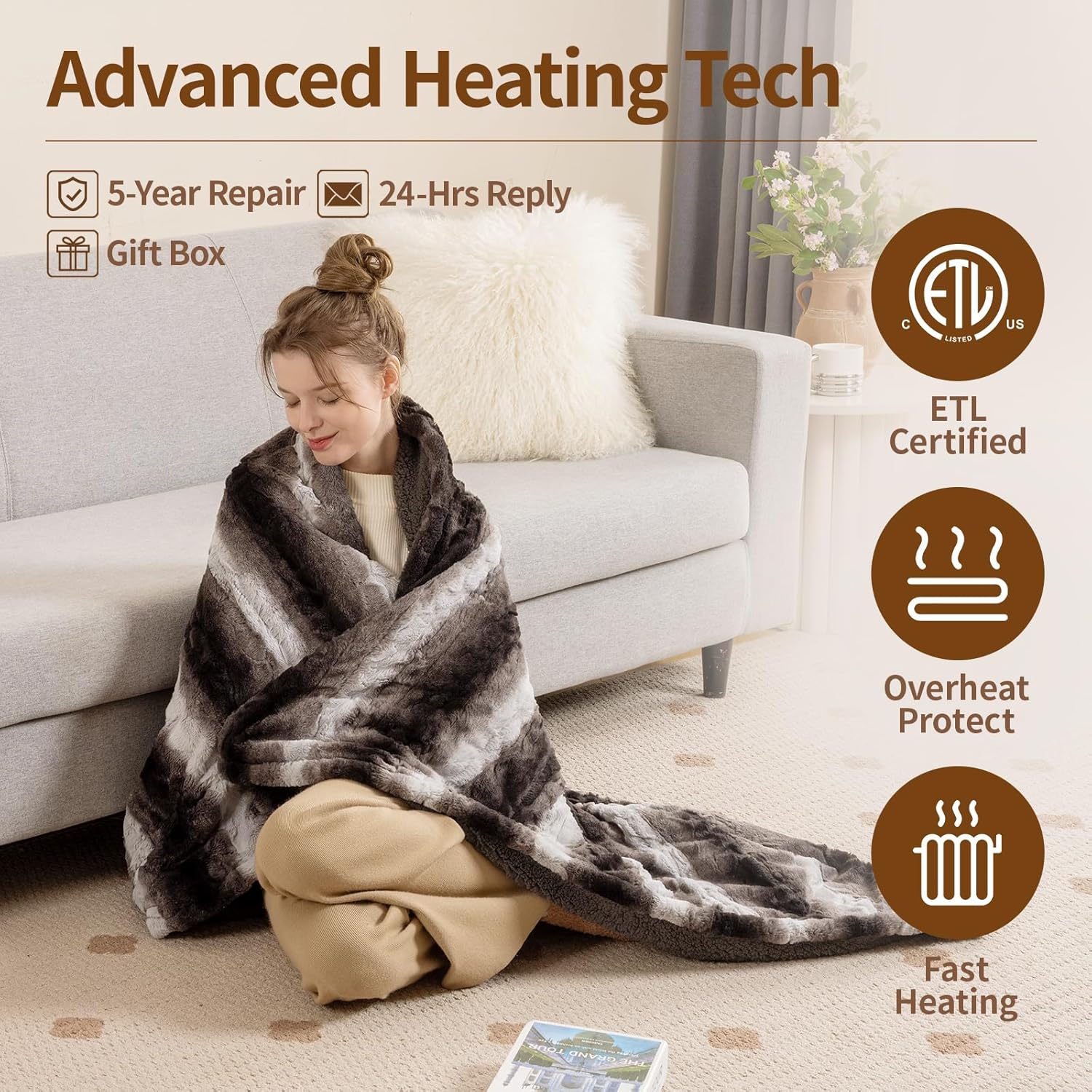 Bearhug Heated Blanket 6 Heat Settings Electric Blanket, 4-Hour Auto Shut-Off, Luxurious Faux Fur & Sherpa Dual-Sided Heated Throw, Machine Washable, 50 x 60 Inches, Gift-Ready Elegant Packaging