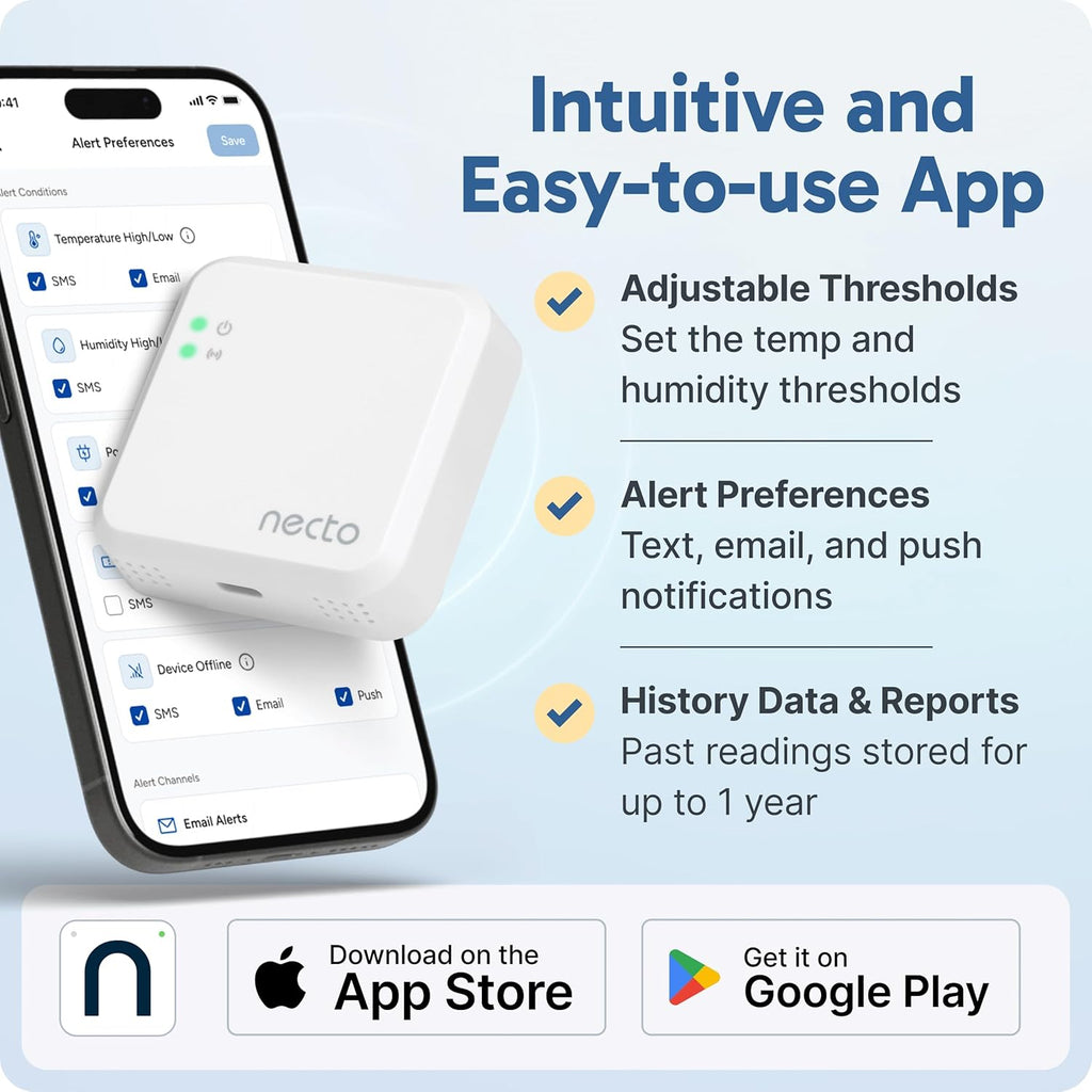 Necto Cellular Temperature Monitor- RV Pet Safety Temp Monitoring System. Remote Power Outage & Humidity Sensor with App Alerts for Car, Camper, Home & Server Room. (2 Year Subscription Included)