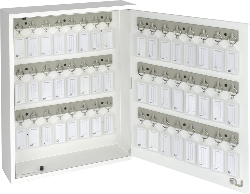 Acrimet 48-Key Cabinet with Lock, Wall Mount Wooden Key Organizer, Security Key Storage Box (48 Positions) with Numbered Hooks & Crystal Key Tags – Commercial & Home Use (White)