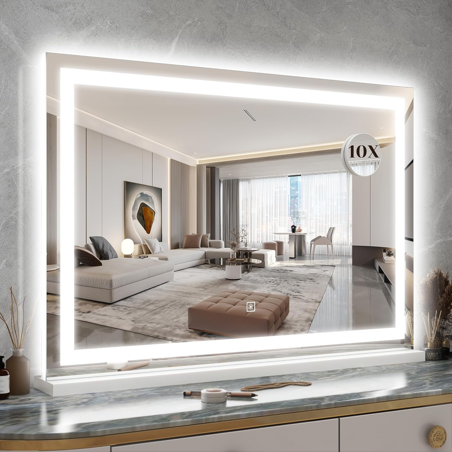 ROLOVE 31" x 22" Large Lighted Vanity Mirror with Lights, Dimmable 3 Modes, LED Makeup Mirror for Bathroom ＆ Dressing Room, Tabletop or Wall-Mounted, 10X Magnification, White