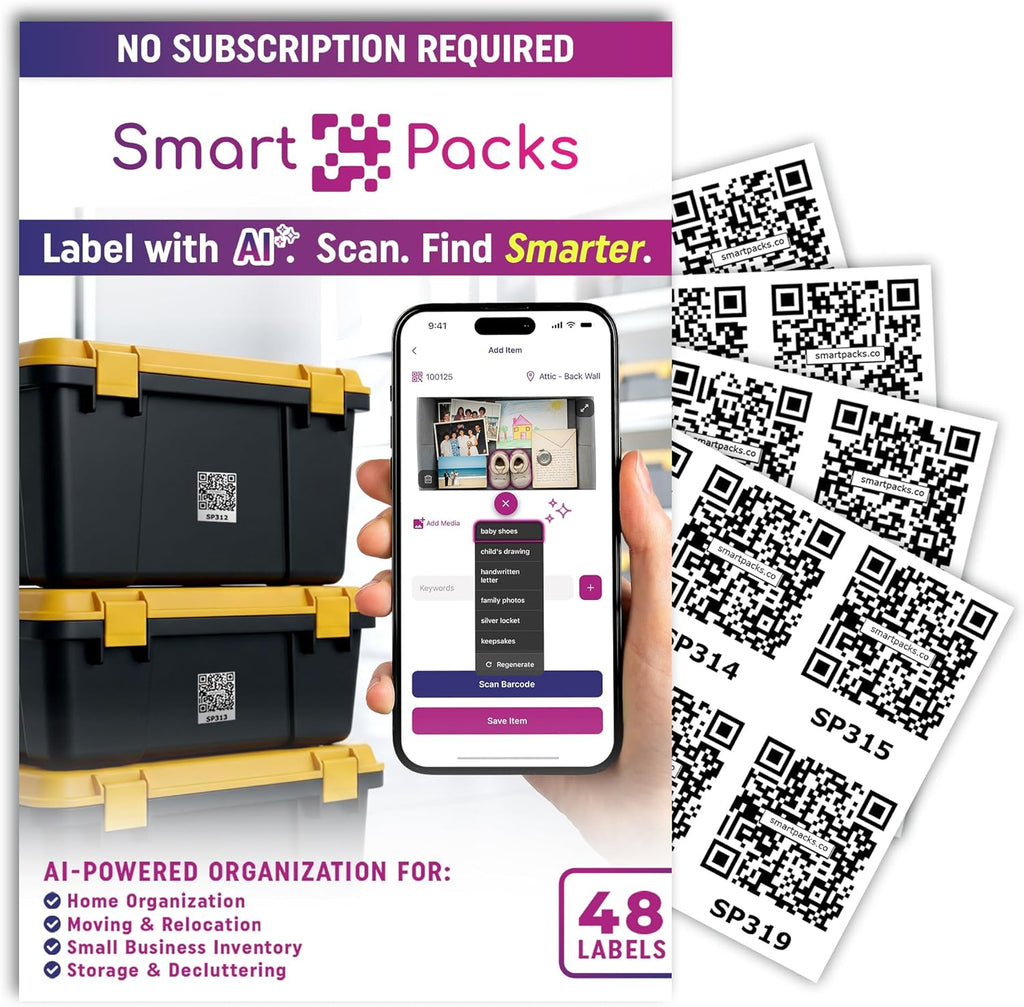 SmartPacks QR Stickers - Premium Smart Labels for Storage Bins | Advanced Pack and Track Labels with QR Code for Inventory, Storage, Moving | 48 Stickers