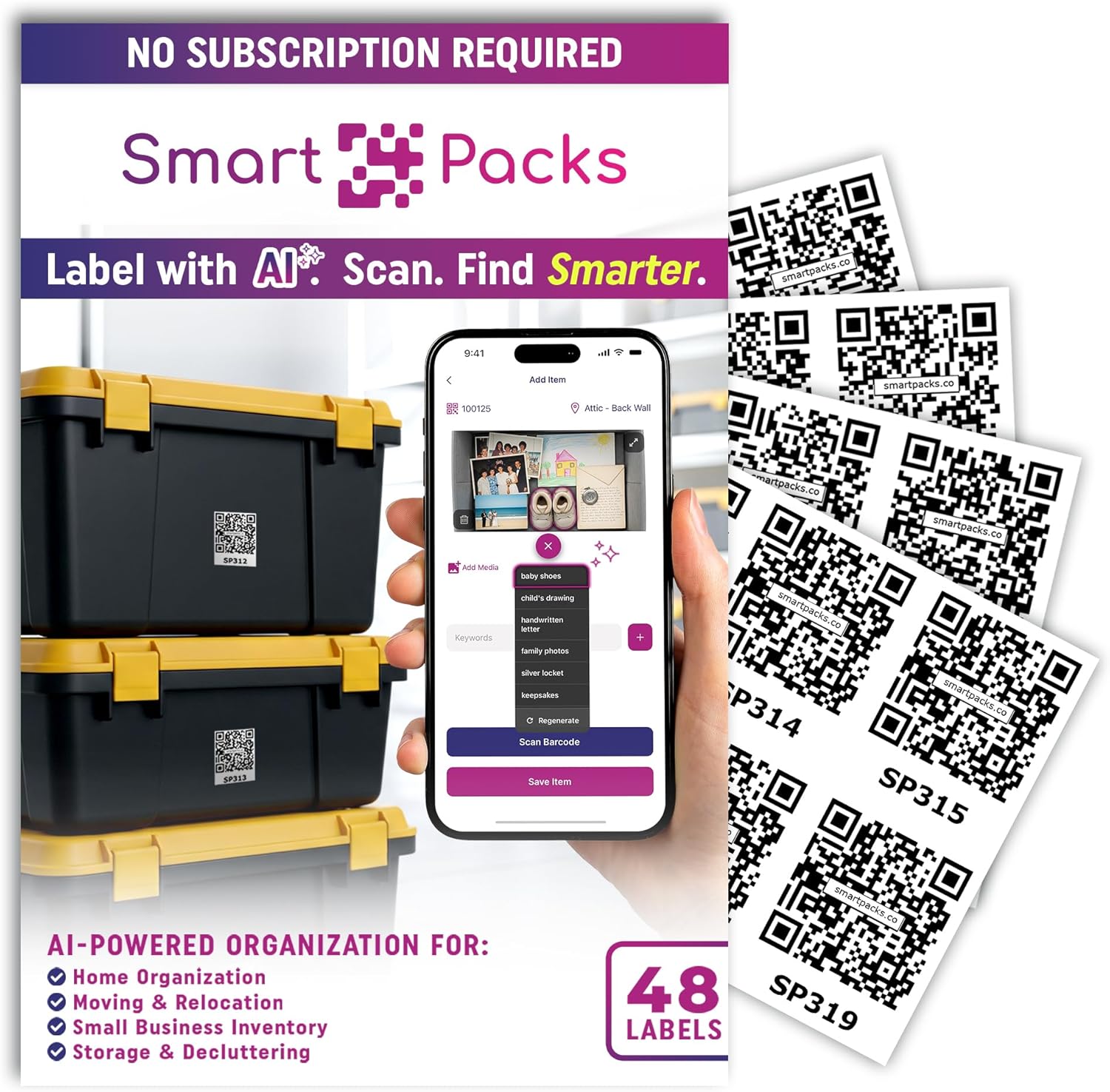 SmartPacks QR Stickers - Premium Smart Labels for Storage Bins | Advanced Pack and Track Labels with QR Code for Inventory, Storage, Moving | 48 Stickers