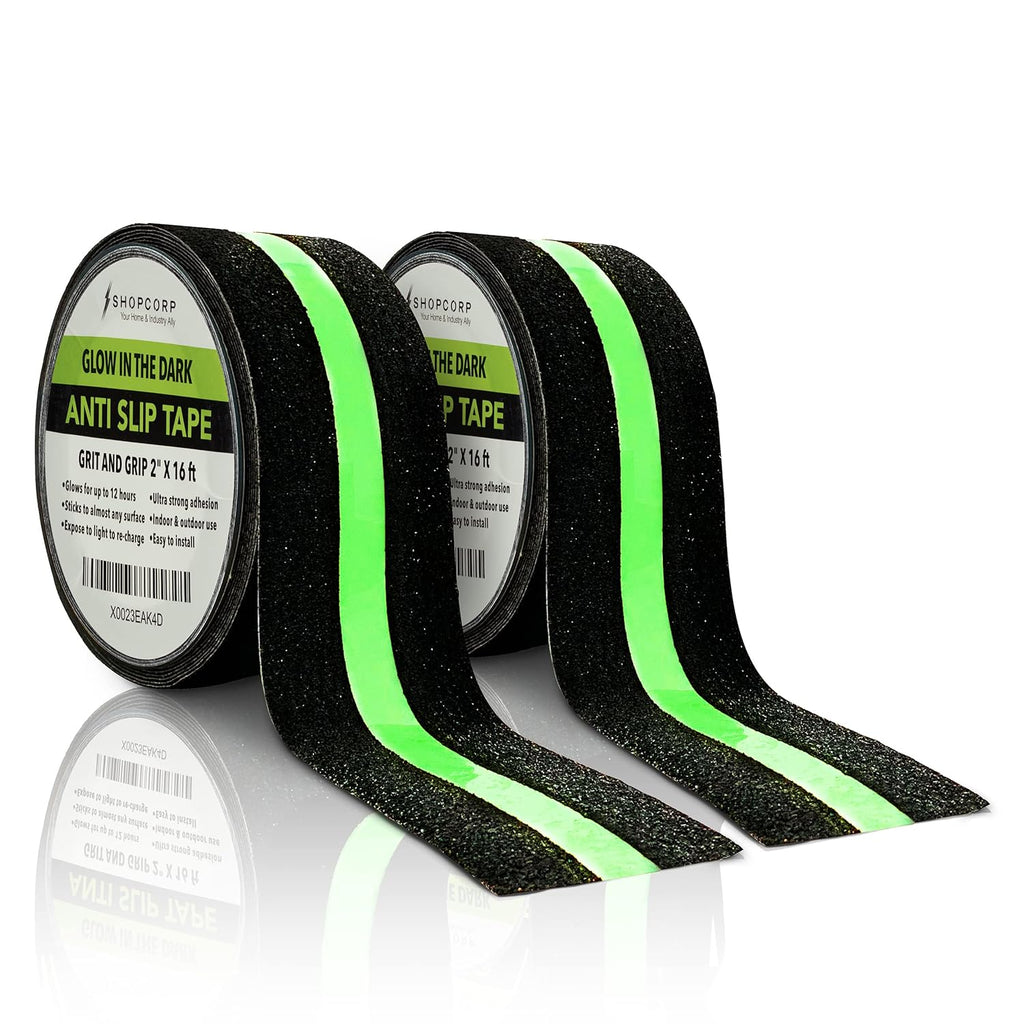 Anti Slip Glow in The Dark Traction Tape 2Inch x 16ft – Heavy Duty Adhesive Grip Non Skid Tape for Stairs Waterproof Safety - Outdoor/Indoor - Neon Strips Walk Black - 2 Pack