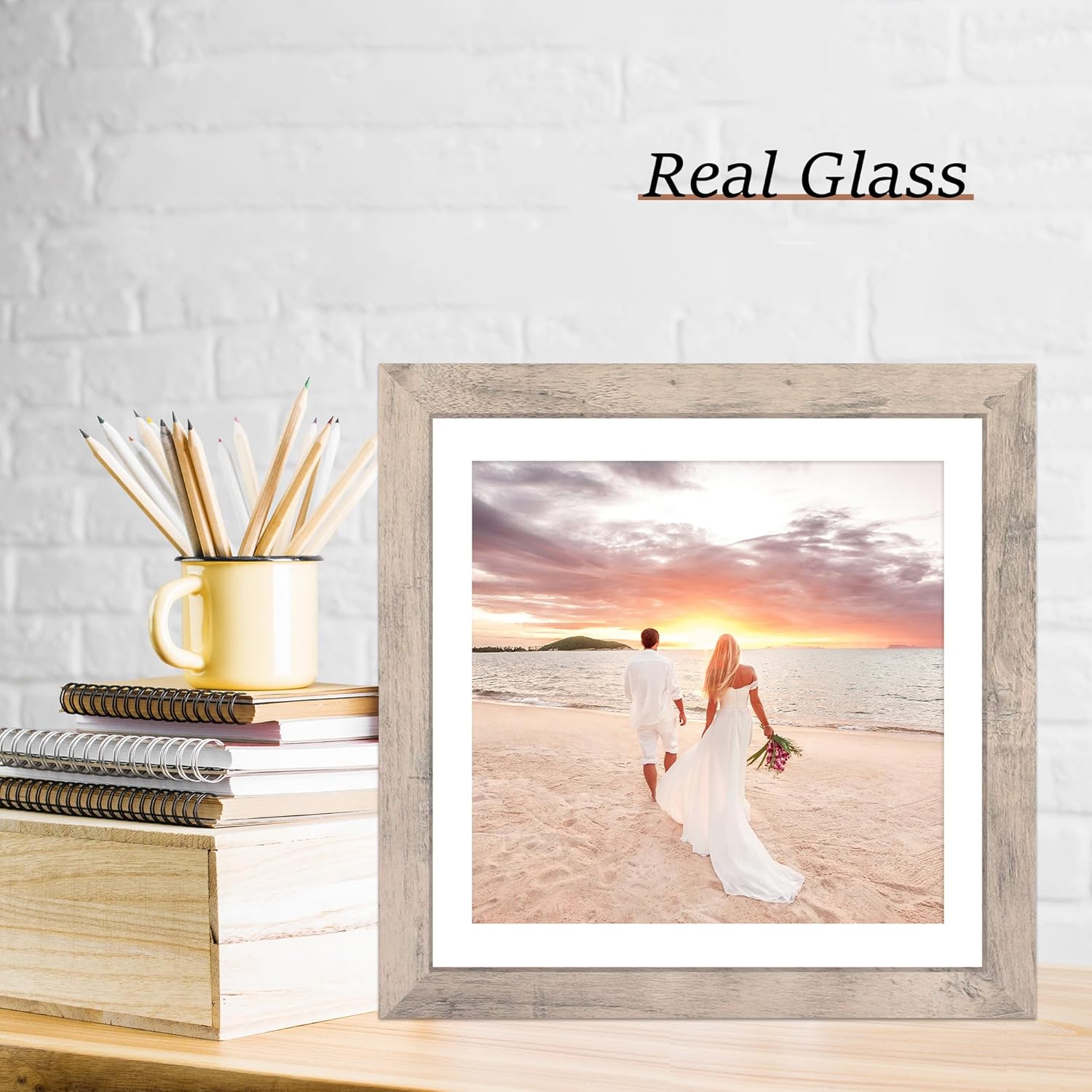 iRahmen 12x12 Picture Frame Set of 4 with Tempered Glass, Smoke Gray Frame Display 10x10 Picture with Mat or 12 x 12 Without Mat, Wood Square Photo Frames for Desktop Display and Wall Mounting