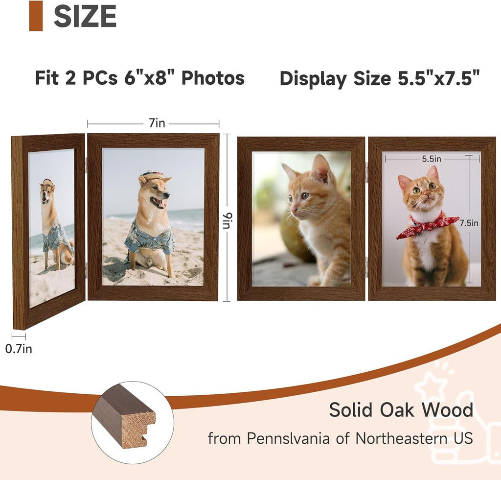 Axeman 6x8 Double Picture Frame - Solid Oak Wood Vertical Hinged 6x8 Photo Frame 2 Opening Folding Family Frames Collage With Real Glass for Tabletop Displa, Hanging Hardware Included | Walnut