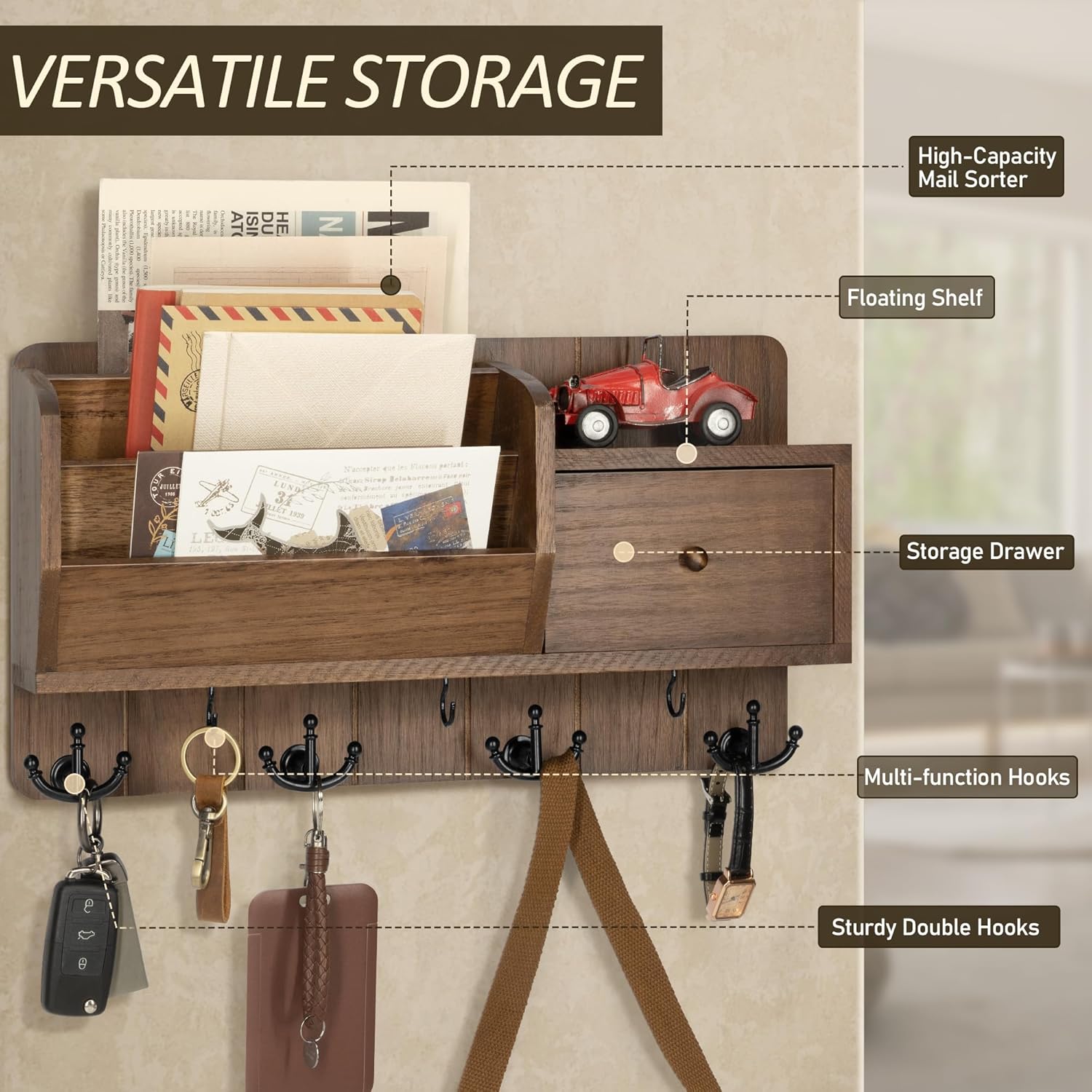 Rebee Vision Key and Mail Holder Wall Mount - Mail Organizer Wall Mount with Storage Hooks and Drawer for Modern Farmhouse Decor - Mail Organizer Wall Mounted for Rustic Apartment Essentials (Brown)