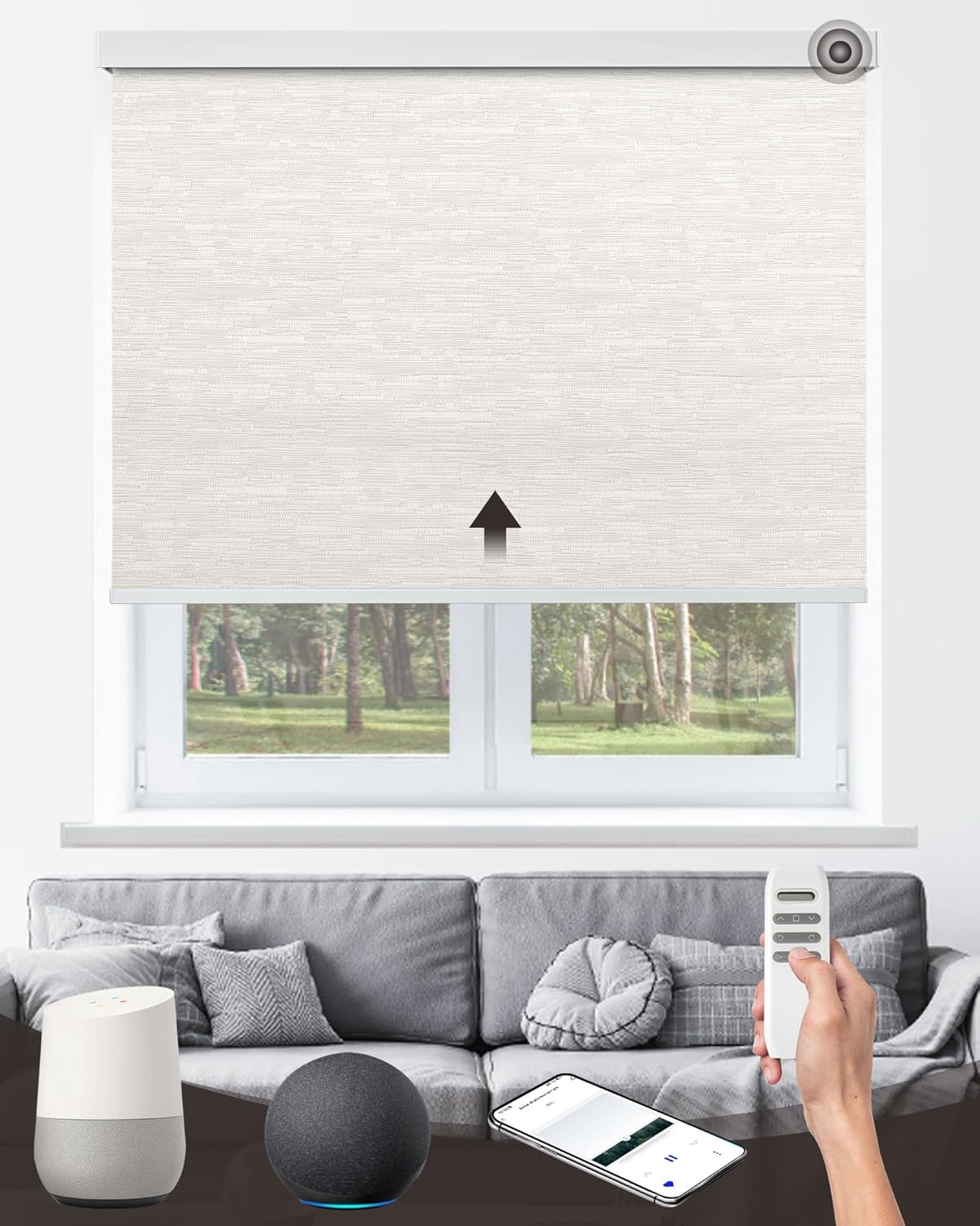 Motorized Roller Shade with Remote Control, 100% Blackout Electric 21-98” Width Blinds for Windows with Via Hub Alexa Google Home, Rechargeable Smart Automatic Customized Size（Texture-Beige）