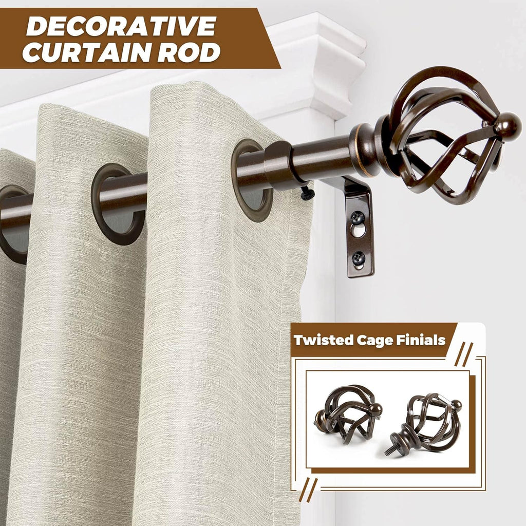 KAMANINA Bronze Curtain Rods for Windows 48 to 84 Inch, Adjustable Single Curtain Rod 32 to 86 Inch(2.6-7.1ft), 3/4 Inch Splicing Drapery Rods with Twisted Cage Finial