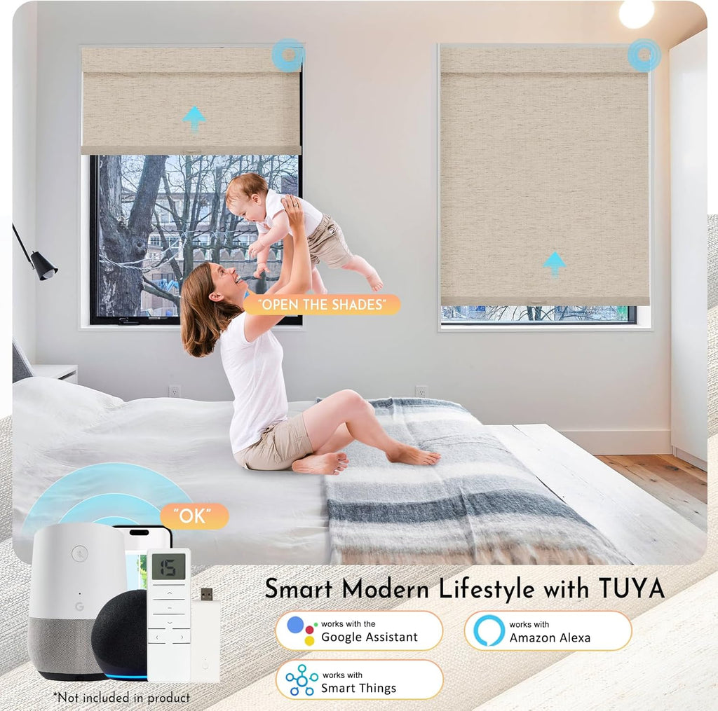 Persilux Smart Motorized Blinds with Remote, No Drill Automatic Roller Shades for Indoor Windows, Blackout Linen Fabric, Electric Blinds for Windows, Linen Beige C156BO-2, Custom Size