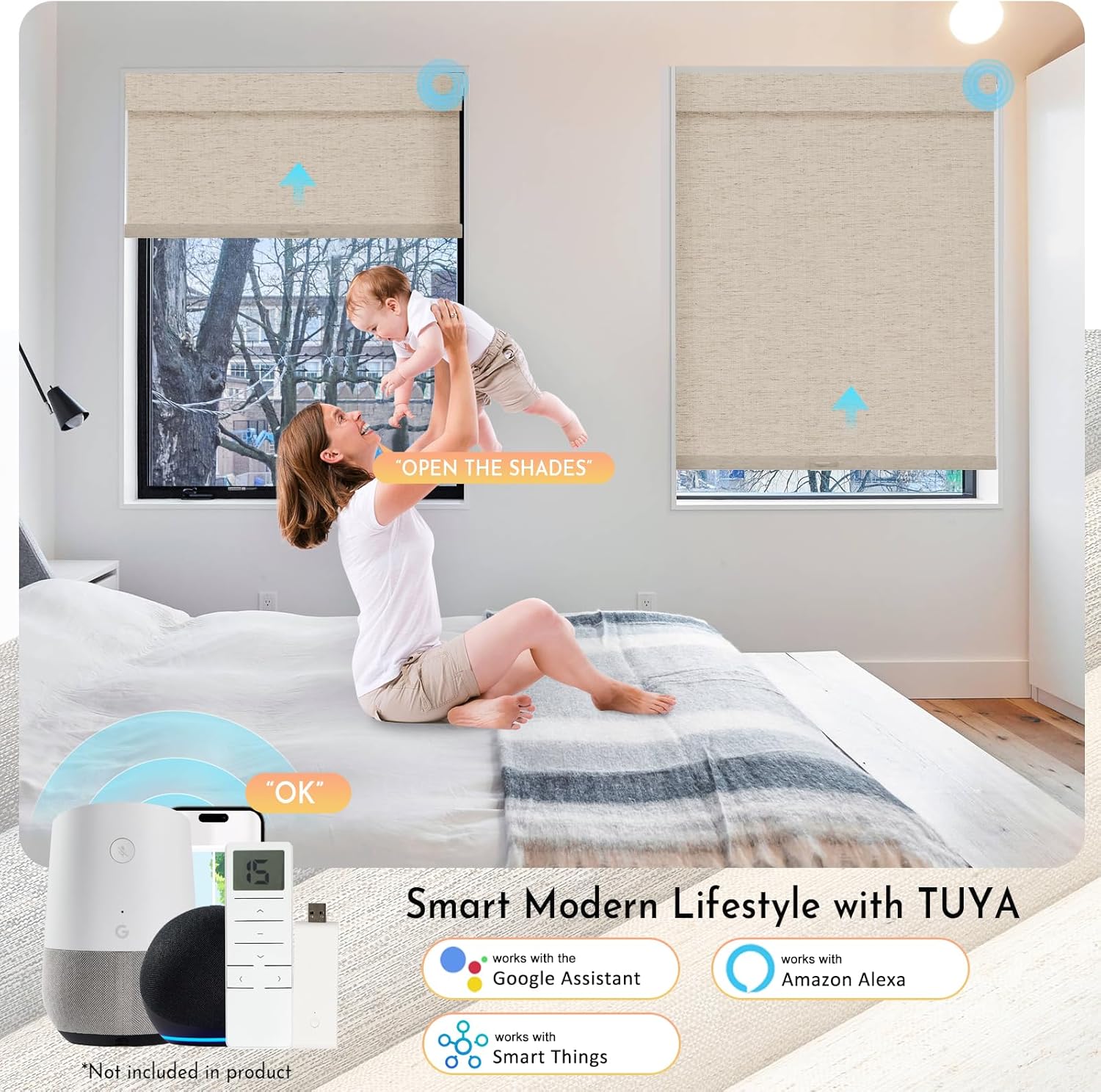 Persilux Smart Motorized Blinds with Remote, No Drill Automatic Roller Shades for Indoor Windows, Blackout Linen Fabric, Electric Blinds for Windows, Linen Beige C156BO-2, Custom Size