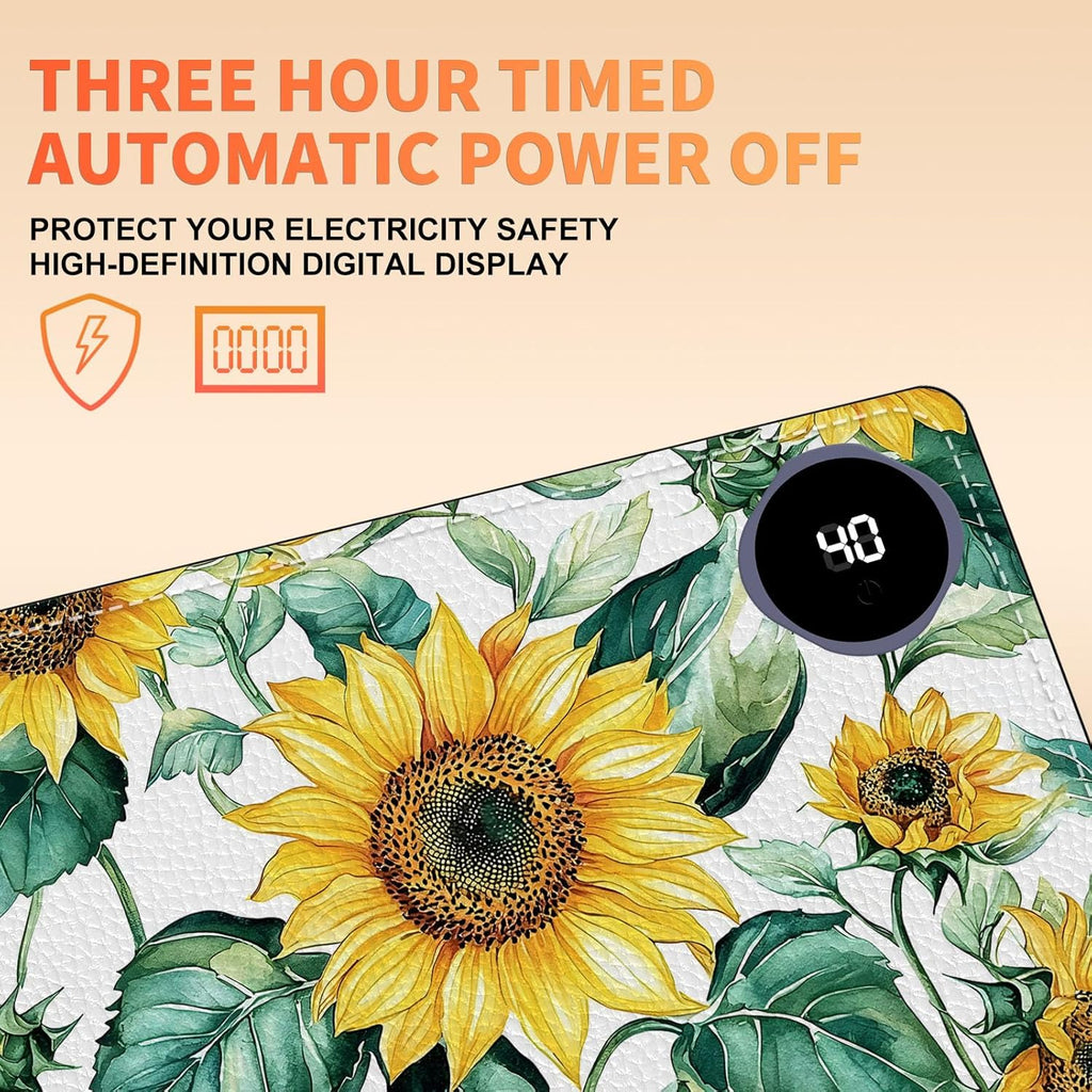 Heated Mouse Pad, Warm Desk Pad, Keyboard Mat 23.6 x 14 Inch Large Size Intelligent Fast Heating, 3 Speed Adjustable, Timed Auto Power Off for Game Office Home, Blooming Sunflowers