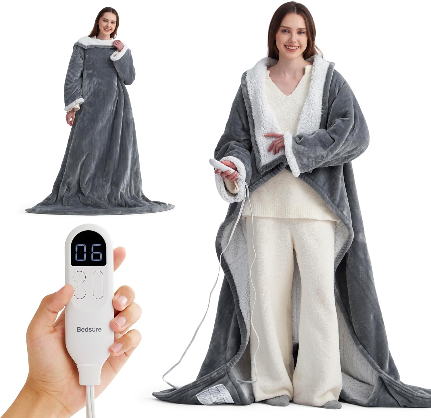 Bedsure Wearable Heated Blanket with Foot Pocket - Electric Snuggle Blanket for Adult with Sleeves, Winter Gifts for Mom Women Girlfriend, Warm Sherpa Heating Throw, Auto Shut Off, 50 x 71+18", Grey