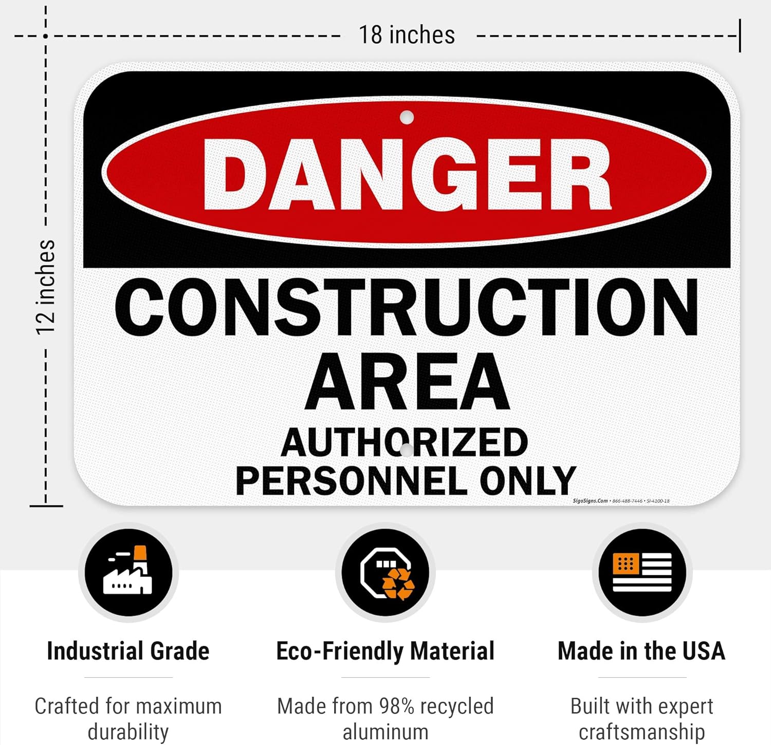 Danger Construction Area Sign, Authorized Personnel Only Sign, 12x18 Inches, 3M EGP Reflective .063 Aluminum, Fade Resistant, Easy Mounting, Indoor/Outdoor Use, Made in USA