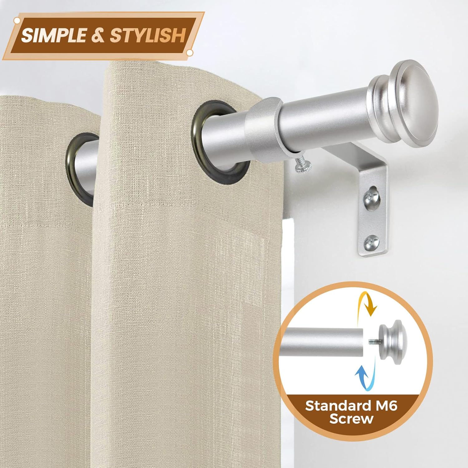TONIAL Curtain Rod 32 to 58 Inch(2.6-4.8ft), Telescoping Splicing 3/4 Drapery Rods for Windows 20 yo 54 Inches, Decorative Single Rod with Small Cap Finial, Silver