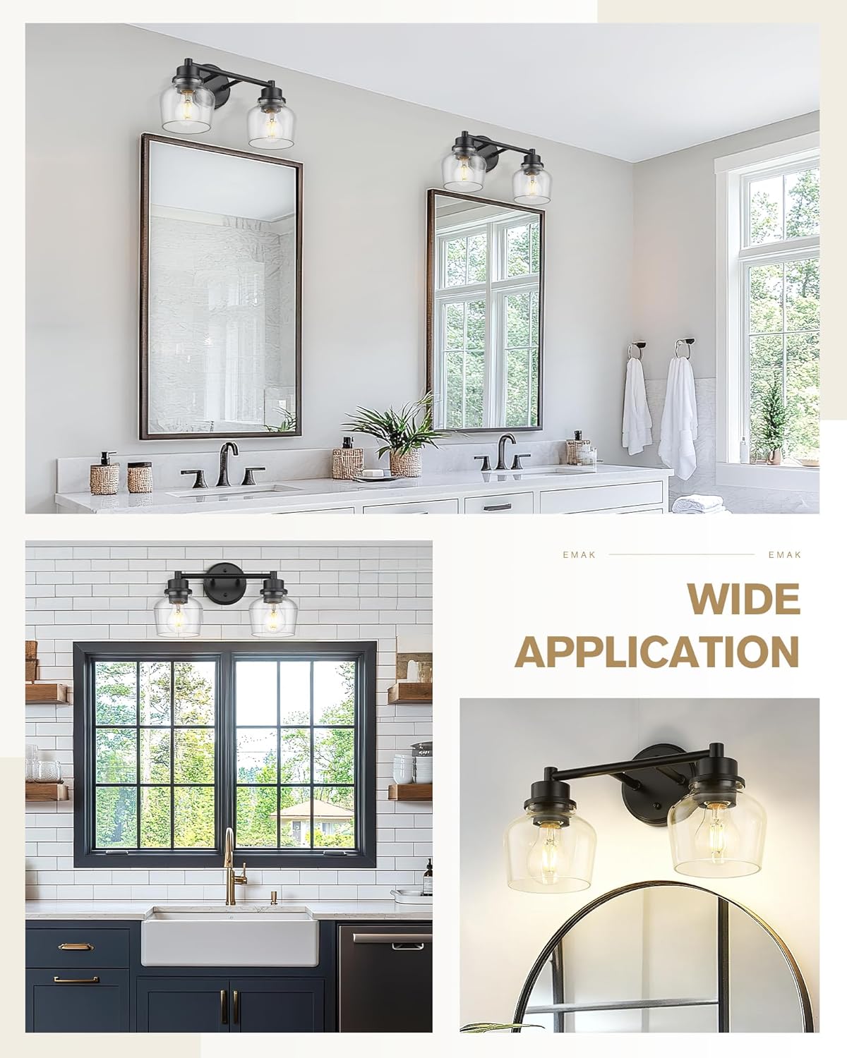 Emak Modern Black Bathroom Lights, Farmhouse Vanity Lighting Fixtures with Clear Glass Shade, 2-Light Vanity Lights for Bathroom, Makeup Desk, Mirror, VL122-BK-CG-2