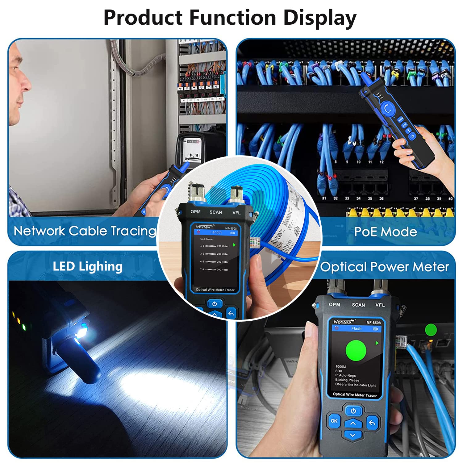YILTION NF-8508 Network Cable Tester with Optical Power Meter VFL, RJ11 RJ45/PoE Tester/CAT5 CAT6/length Measurement, Telephone line Trace Meter with Headset, Network Tools
