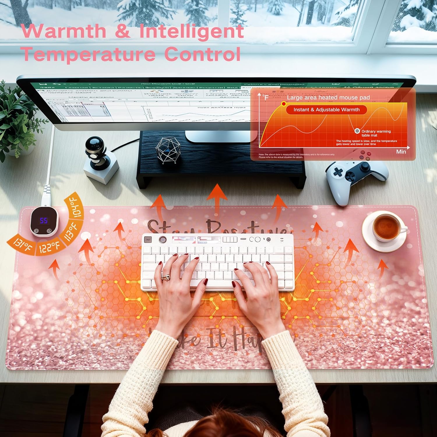 iCasso Heated Mouse Pad Hand Warmer, XXL Heated Desk Pad, Pink Mouse Pad, 35.4" x 15.7" Warm Desk Mat with 4 Heating Levels for Computer Keyboard, Large Mousepad for Home Office Work