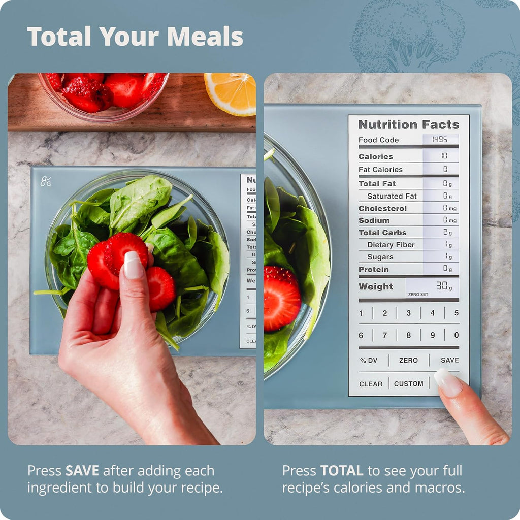 Greater Goods Digital Nutrition Scale – Accurate Macro and Calorie Tracking for Meal Prep, Weight Loss, and Healthy Eating | 2,000 Built-in Foods, Intuitive Nutrition Label Display, 11lb Cap, Blue