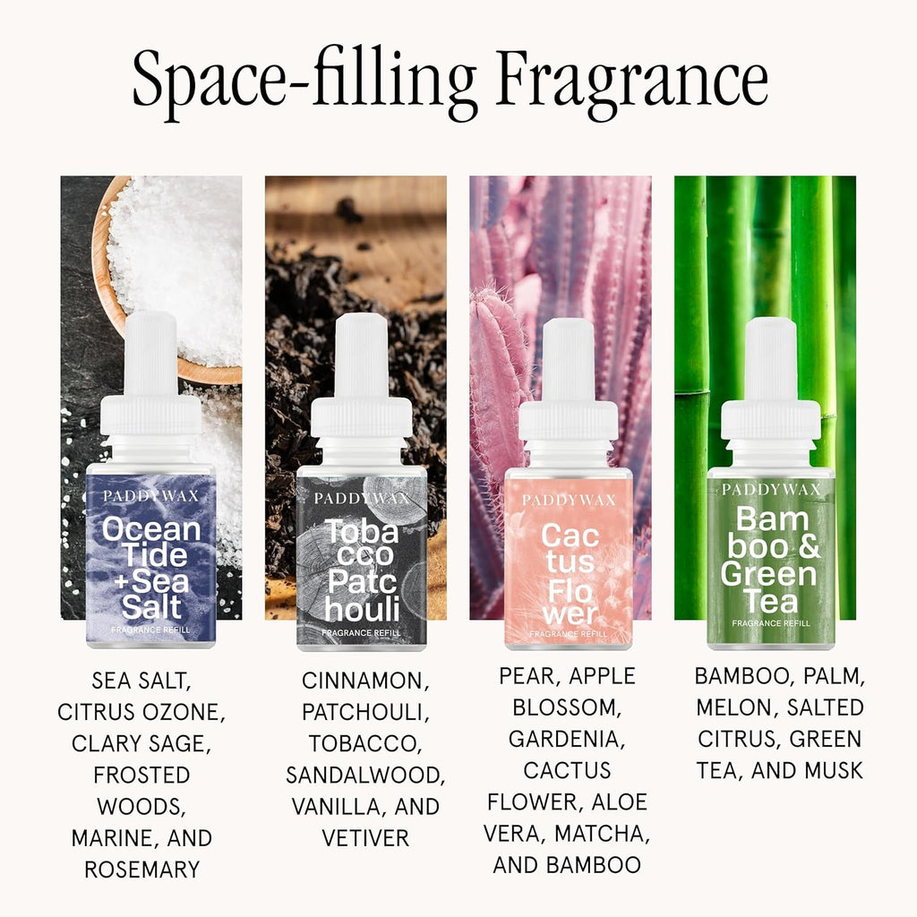 Pura 4 Smart Home Fragrance Device Starter Set - Scent Diffuser for Home - Ocean Tide & Sea Salt, Tobacco Patchouli, Catcus Flower, Bamboo & Green Tea