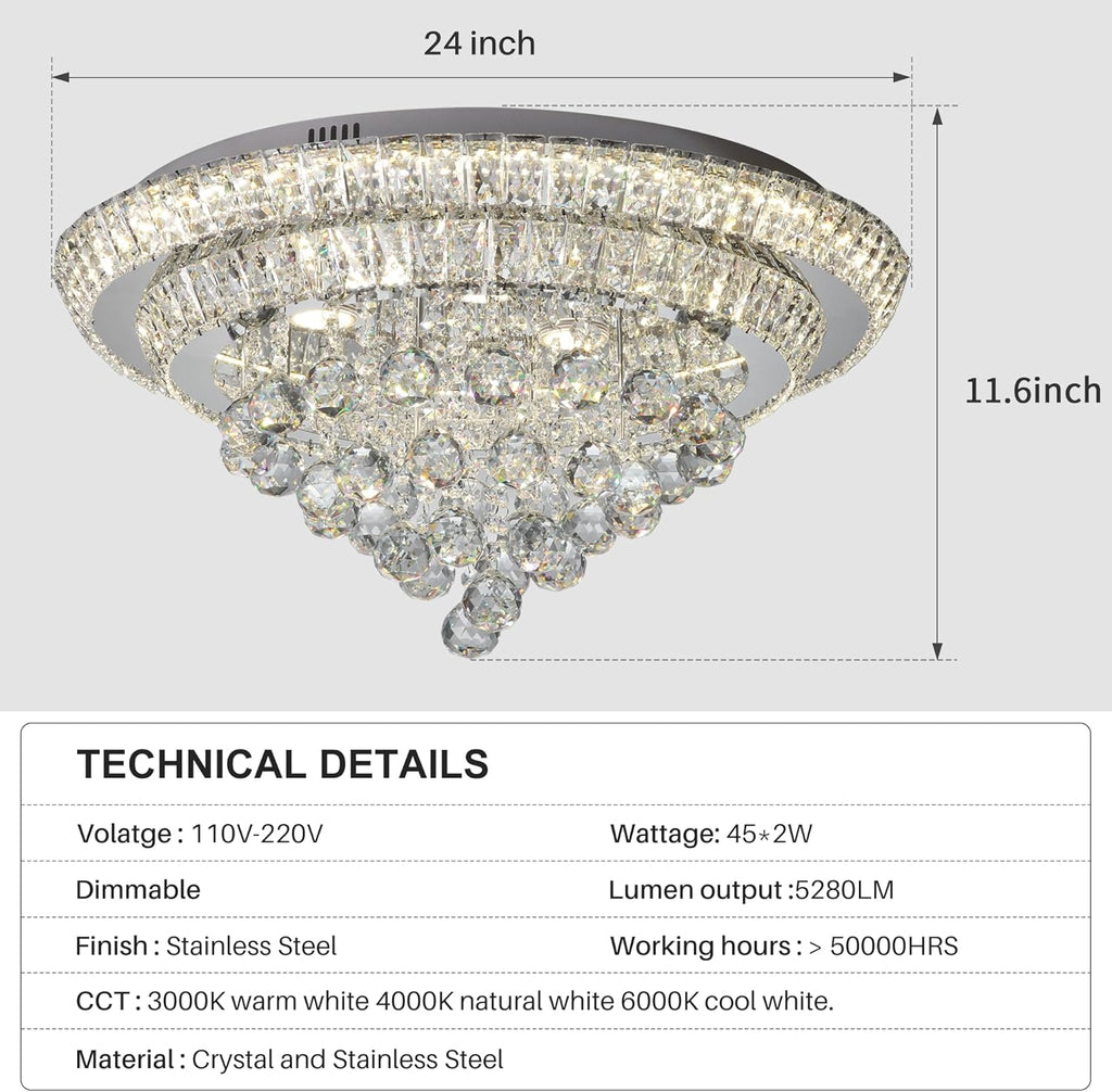 Elegant LED Crystal Raindrop Ceiling Light, 24" Flush Mount Chandelier Light Fixture with Remote Control for Living Room Kitchen Island Bedroom Hallway Entryway Foyer(Dimmable)