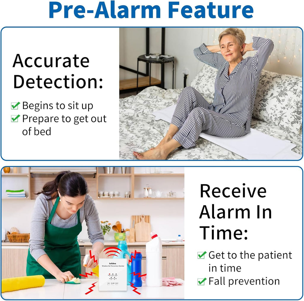 Briidea Wireless Bed Alarm for Elderly Adults, Fall Prevention Monitor, Bed Sensor Pad & Pager with Pre-Alarm Function, Give Early Warning, Two Modes Personalized Sensing