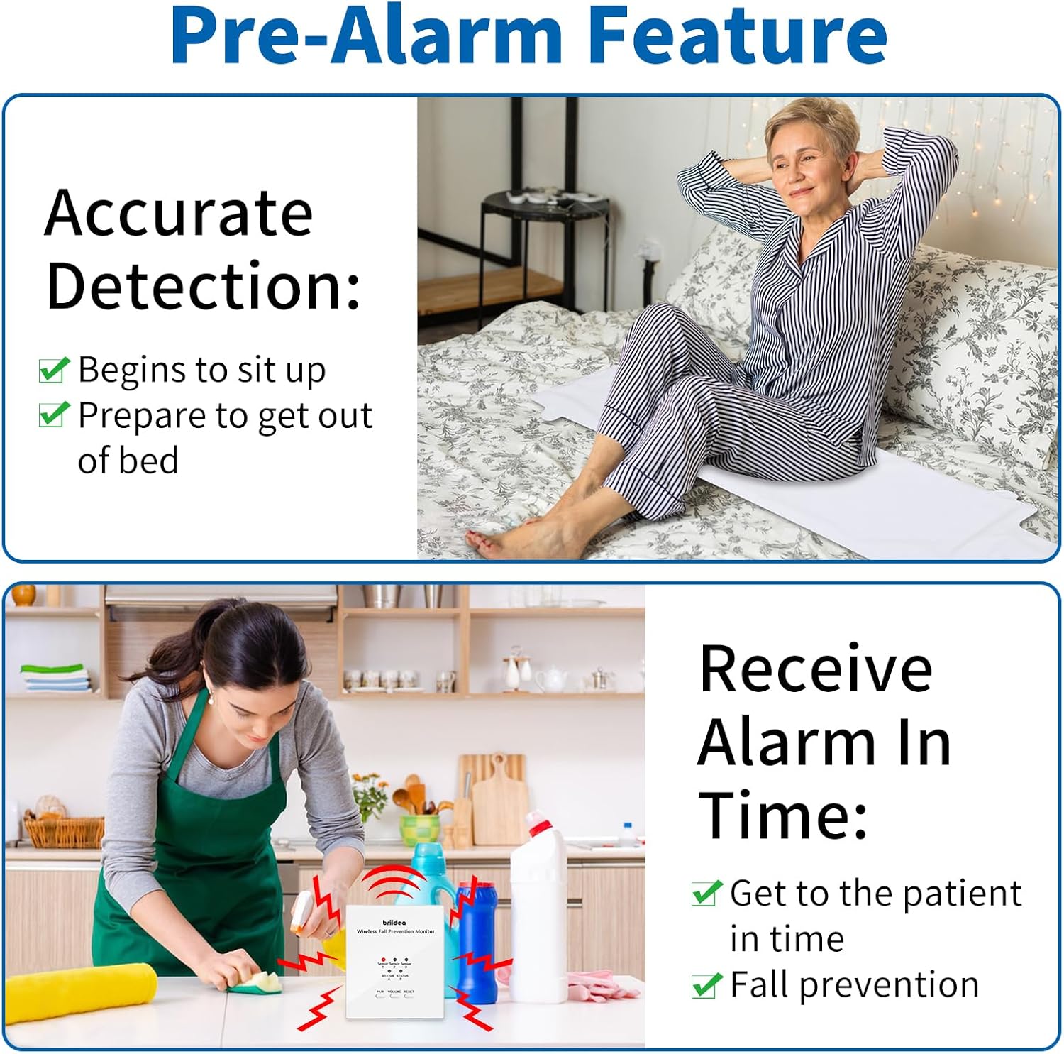 Briidea Wireless Bed Alarm for Elderly Adults, Fall Prevention Monitor, Bed Sensor Pad & Pager with Pre-Alarm Function, Give Early Warning, Two Modes Personalized Sensing