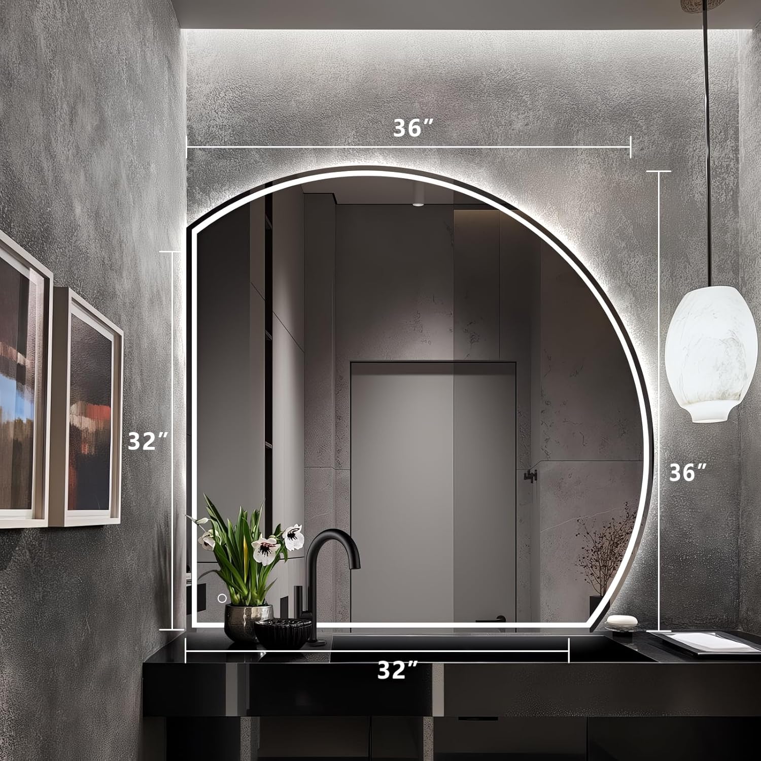 Niccy Half Moon Led Mirror for Bathroom, 36" Semi Round Backlit Mirror for Wall Lighted Mirror with Frameless 3 Color, Defogger, Explosion-Proof, HD Glass and IP65 Vanity Mirror