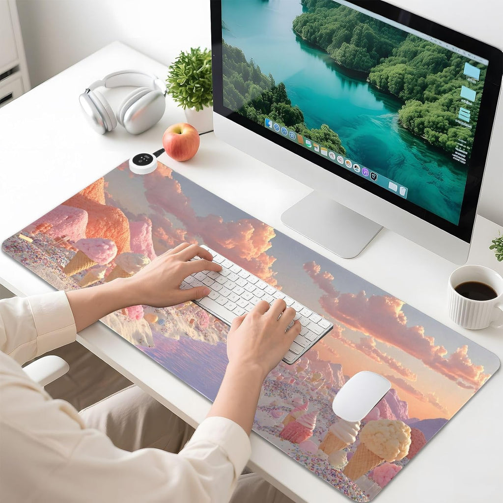 Large Heated Mouse Pad,Leather Desk Mat,31.5"x13",Hand Warmer Pads for Desk,Cream(Orange)