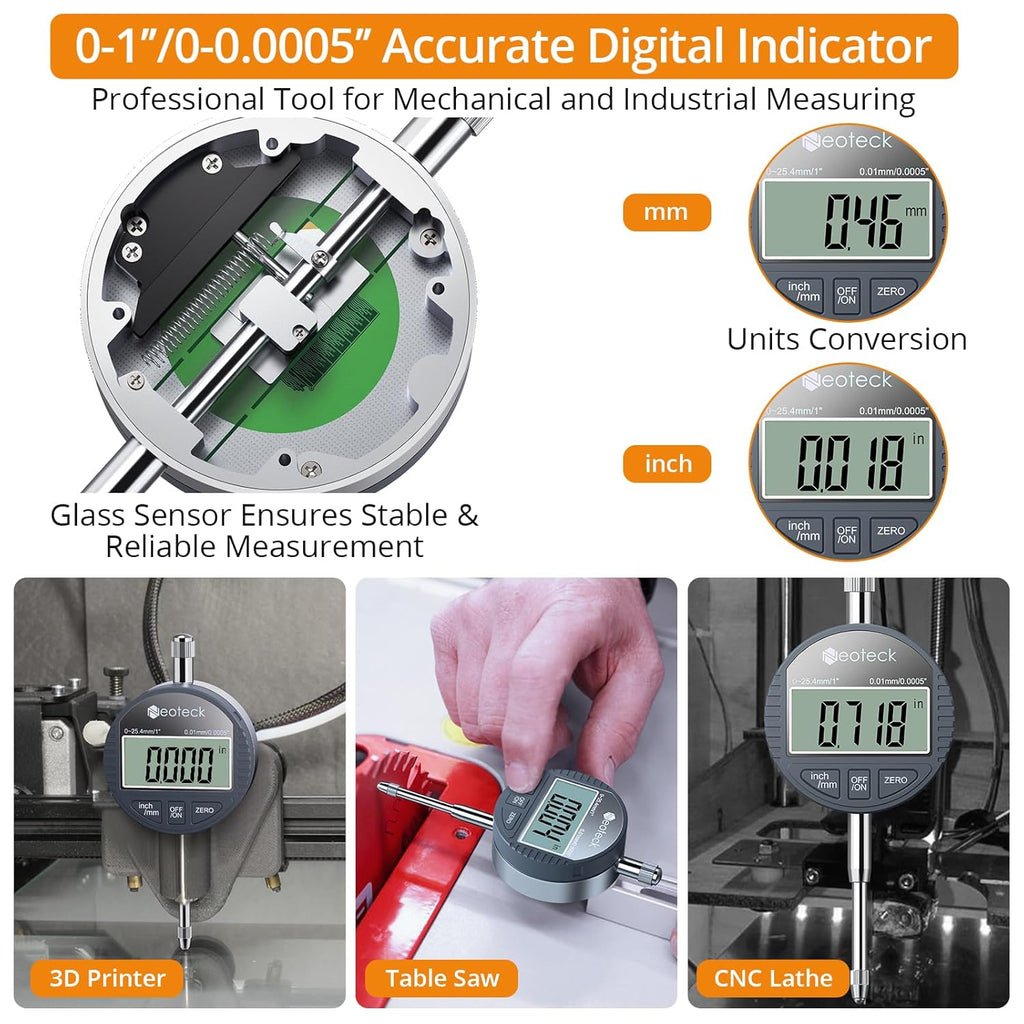 Neoteck 0-1”(0.0005") Digital Dial Indicator Gauge and 132 lbs (60kg) Max Pull Magnetic Base,Digital Dial Indicator Set with Inch/Metric Conversion for 3D Printer and CNC Machine
