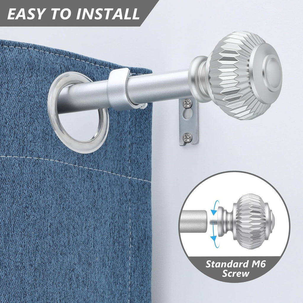 Silver Curtain Rods for Windows 66 to 120 Inches 1 Inch Adjustable Heavy Duty Curtain Rods with Lantern Ball Finials,Window Treatment Single Curtain Rod Set