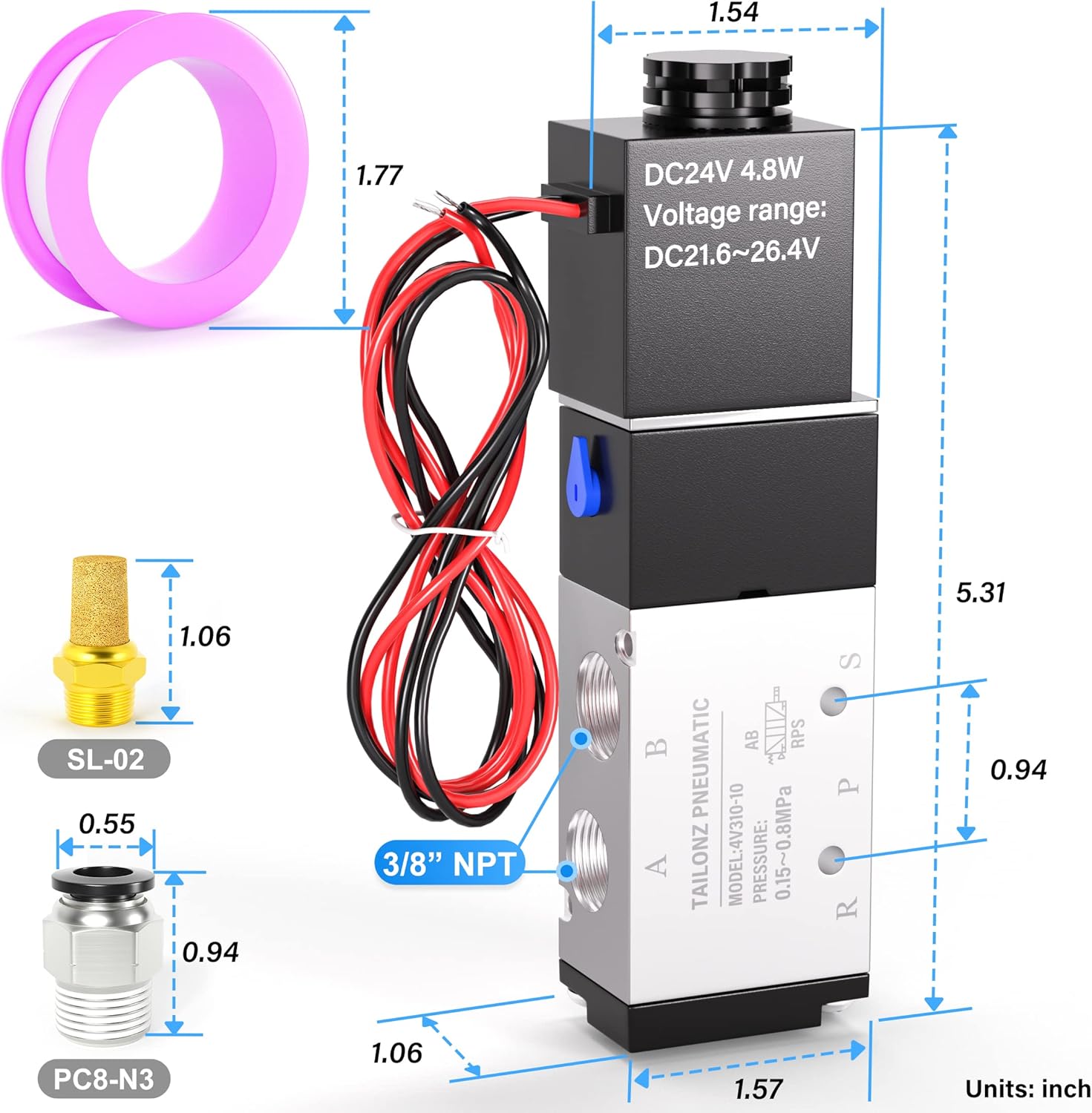 TAILONZ PNEUMATIC 3/8"NPT 24V Solenoid Valve 4V310-10 12V/24V/110V/220V Single Coil Pilot-Operated Electric 2 Position 5 Way Connection Type（Outlet wire）