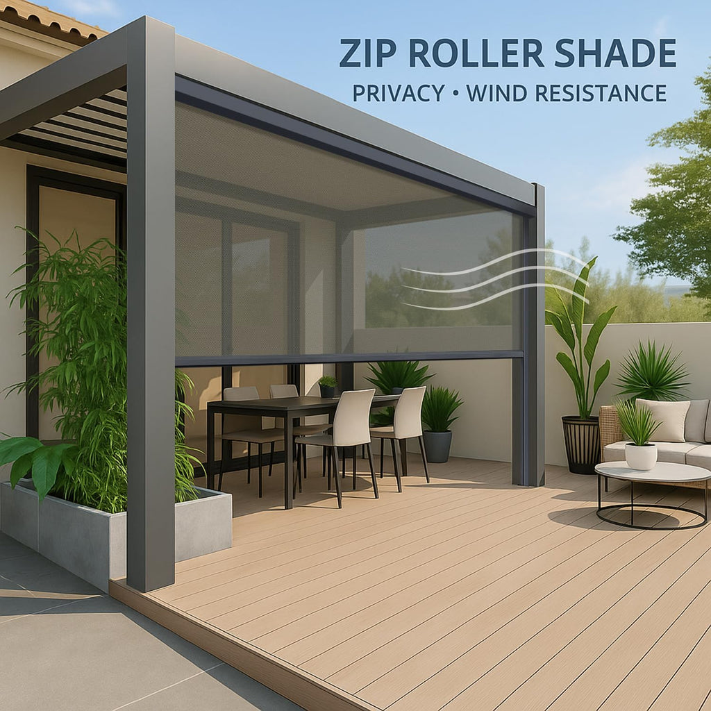 ZSHINE Hard-Wired Outdoor Snow Blocking Weatherproof Motorized Patio Roller Shades Remote Control for Porch Balcony Customized Size (Light Grey 30% Openness)