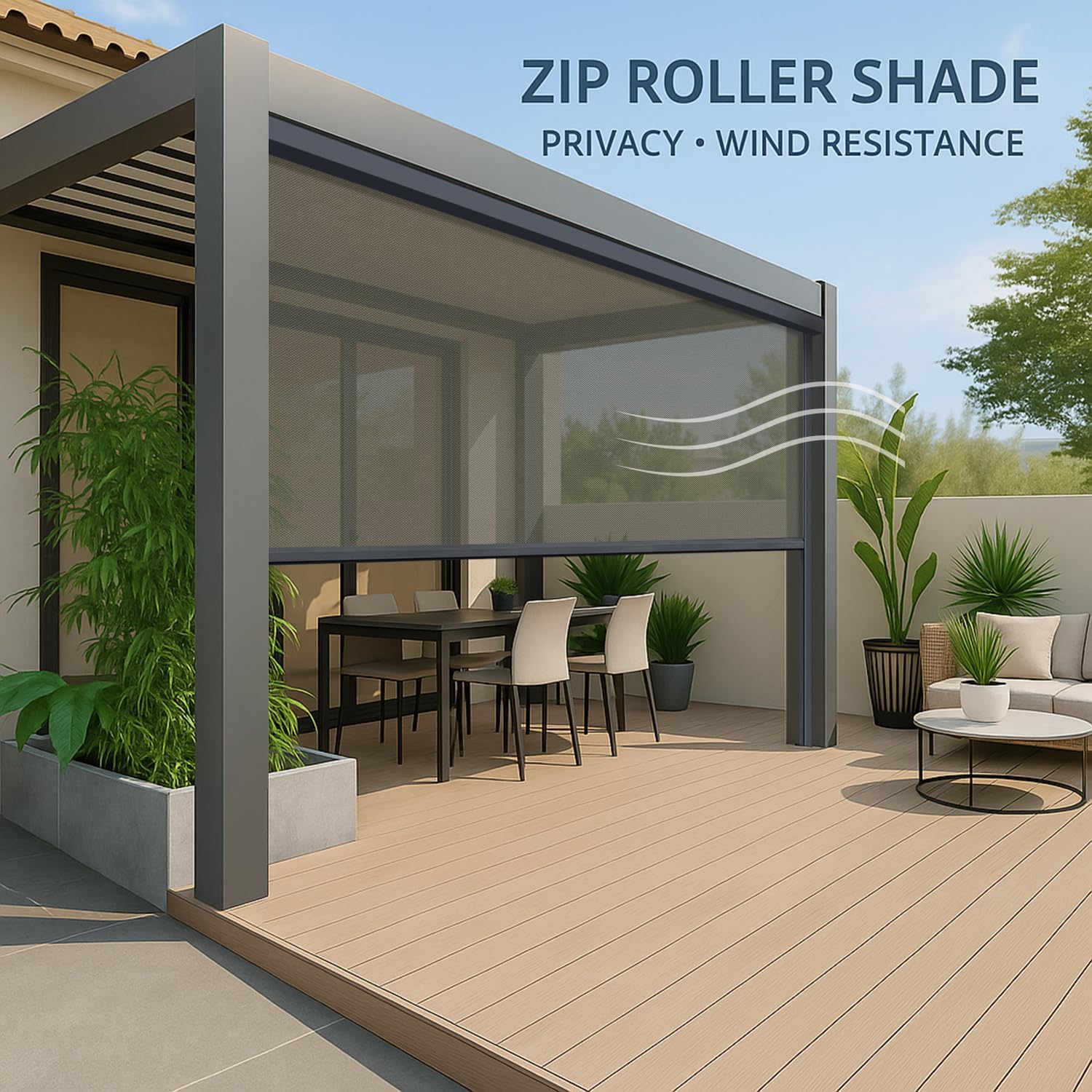 ZSHINE Hard-Wired Outdoor Snow Blocking Weatherproof Motorized Patio Roller Shades Remote Control for Porch Balcony Customized Size (Light Grey 30% Openness)