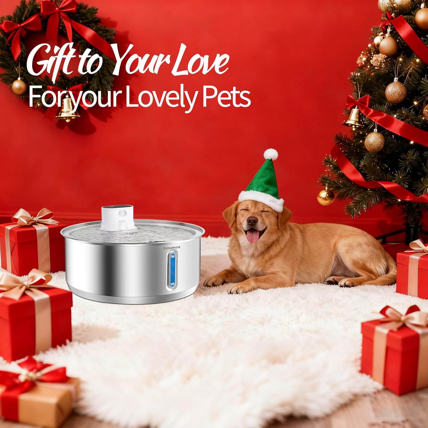 Wireless Dog Water Fountain, Petsamuse 5000mah Battery Operated Water Fountain for Dogs, 2.1Gal/8L Stainless Steel Cat Water Fountains for Cats & Dogs, Ultra-Quiet Water Bowl Dispenser with 13 Filters