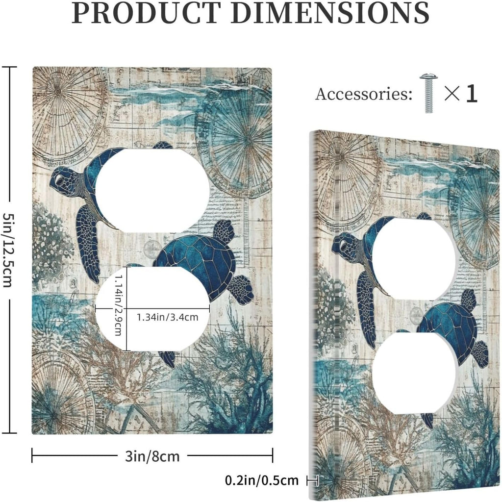 Blue Green Sea Turtle Tropical Ocean Coral Nautical Map Outlet Covers 1 Gang Duplex Light Switch Cover Decorative Switch Plates Electrical Receptacle Faceplate Wall Plate For Bed Room Bathroom Decor