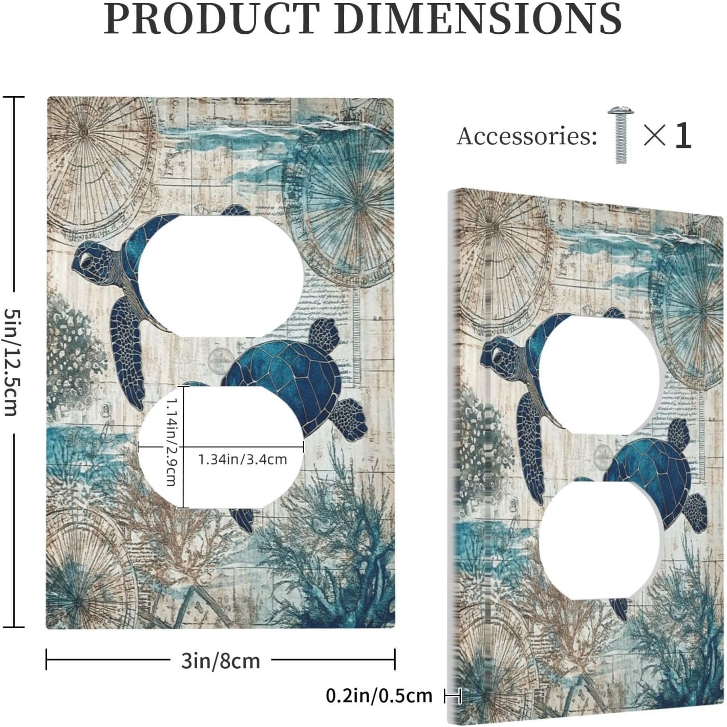 Blue Green Sea Turtle Tropical Ocean Coral Nautical Map Outlet Covers 1 Gang Duplex Light Switch Cover Decorative Switch Plates Electrical Receptacle Faceplate Wall Plate For Bed Room Bathroom Decor