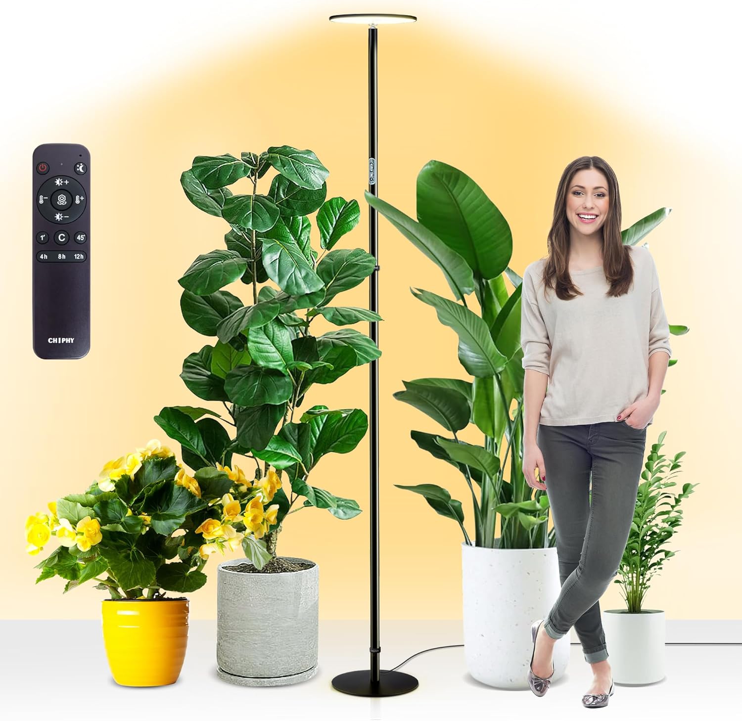 chiphy Grow Lights, Full Spectrum LED Plant Light for Indoor Plants, 4/8/12H Timer, 40W Grow Lamp, 10 Level Dimmable Brightness, 69" Heights Adjustable, Remote Control, Ideal for Large Tall Plants