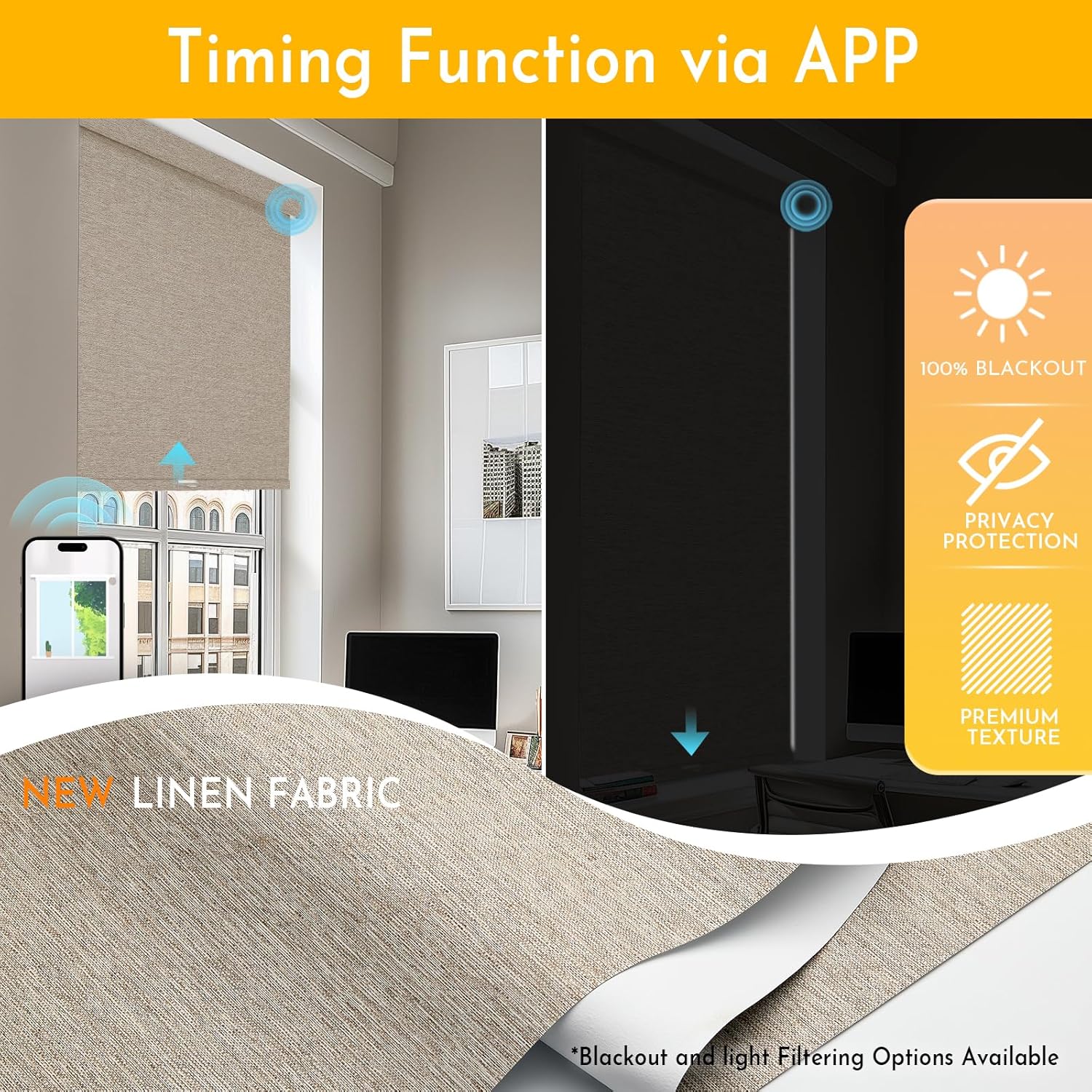 Persilux Smart Motorized Blinds with Remote, No Drill Automatic Roller Shades for Indoor Windows, Blackout Linen Fabric, Electric Blinds for Windows, Linen Light Brown C156BO-3, Custom Size
