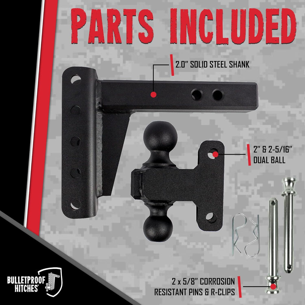 BulletProof Hitches - 2.0" Adjustable Heavy Duty Trailer Hitch (22,000 lb. Rating) - 4" Drop/Rise Trailer Hitch with 2" & 2-5/16" Dual Ball - Powder Coat, Solid Steel, Corrosion-Resistant