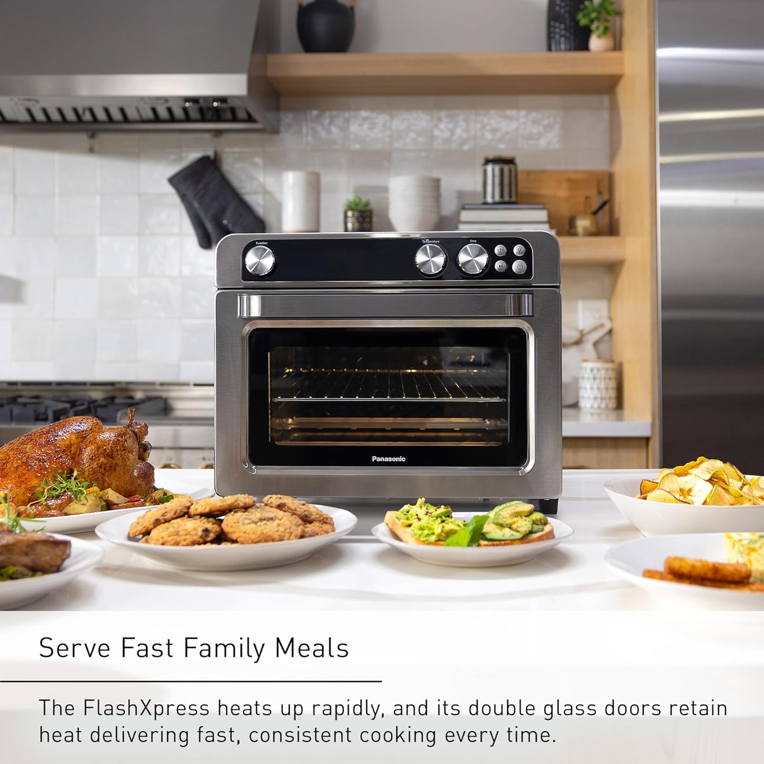 Panasonic FlashXpress Family Size Air Fryer Toaster Oven Combo, 11 Cooking Functions, 1800W PFAS-Free, Double Infrared Heating, Temperature Control Dial, Stainless Steel - NB-G211P
