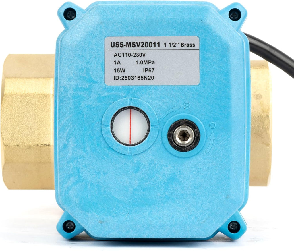 U.S. Solid 1-1/2" Motorized Ball Valve with US Plug 110VAC Brass Electrical Ball Valve, IP67, Manual Override, Direction Display Auto Return, Normally Closed, IP67