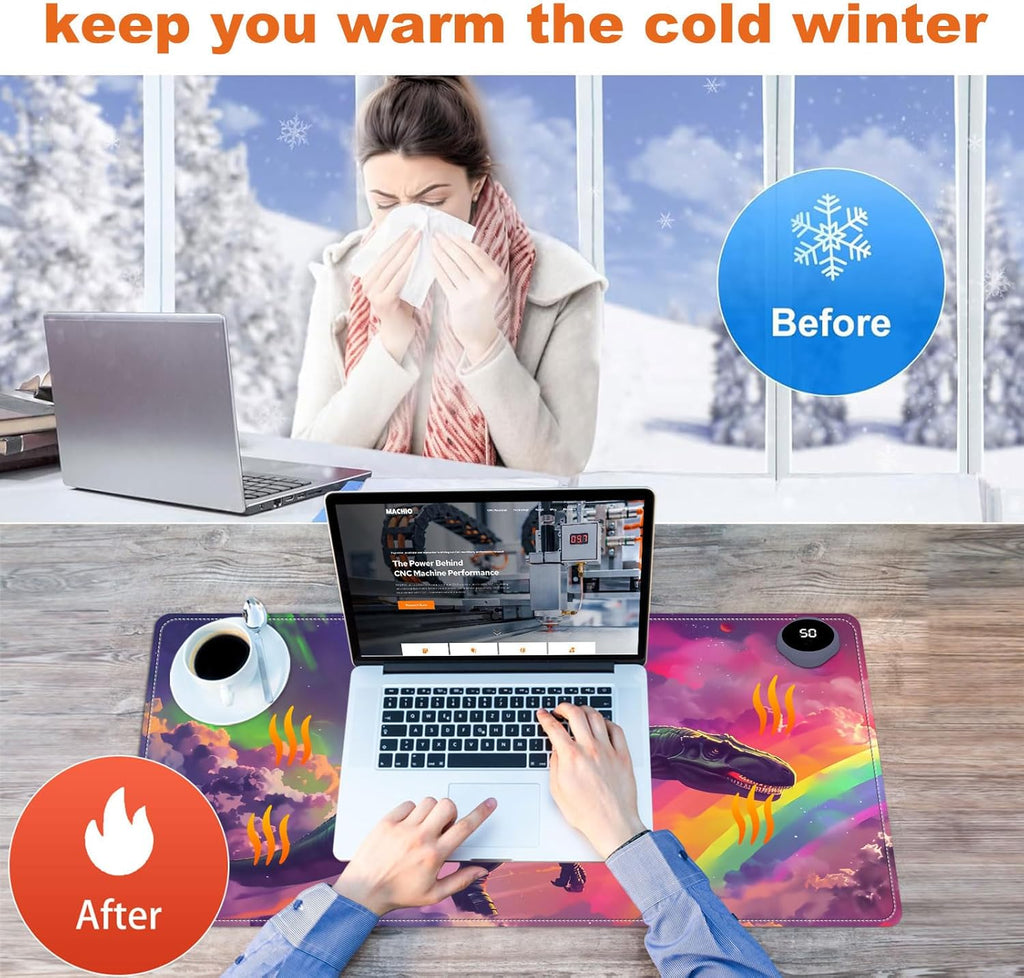 Heated Mouse Pad for Desk 31.5" x 13" – PU Leather Warm Desk Pad with 3 Heat Levels (104°F/113°F/122°F), Plug-in Electric Heating Mat with Auto Shut-Off, Waterproof & Rollable, Astronaut on Dinosaur