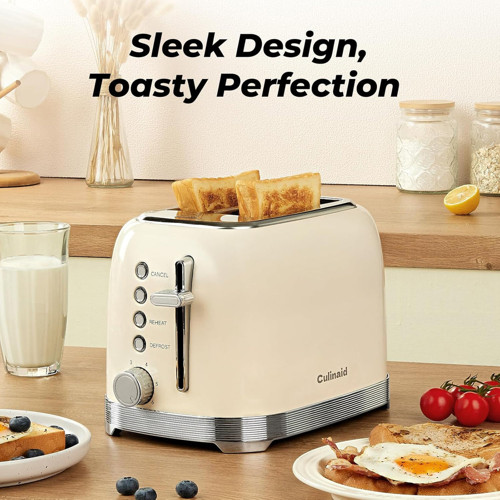 Toaster 2 Slice Retro Stainless Steel with 1.5” Extra Wide Slots Bagel, Defrost, Reheat, Cancel Functions, 6 Bread Shade Settings, Removable Crumb Tray, Cream White