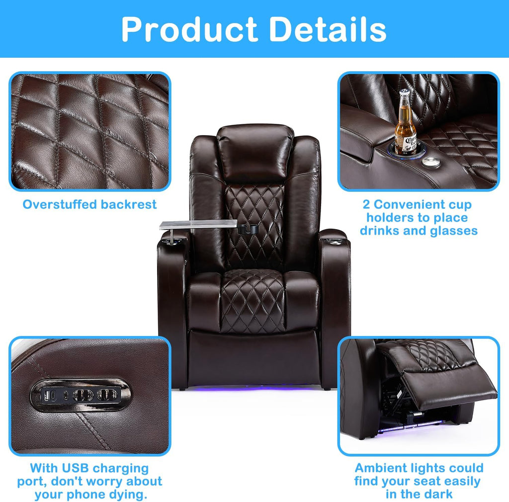 Weilianda Home Theater Seating Top Grain Leather Zero Gravity Recliner Chair Power Headrest Recline Movie Seat Gaming 7 Colors Mood Light Sofa with Tray Table USB Charge Row of 4 Loveseat Middle Brown