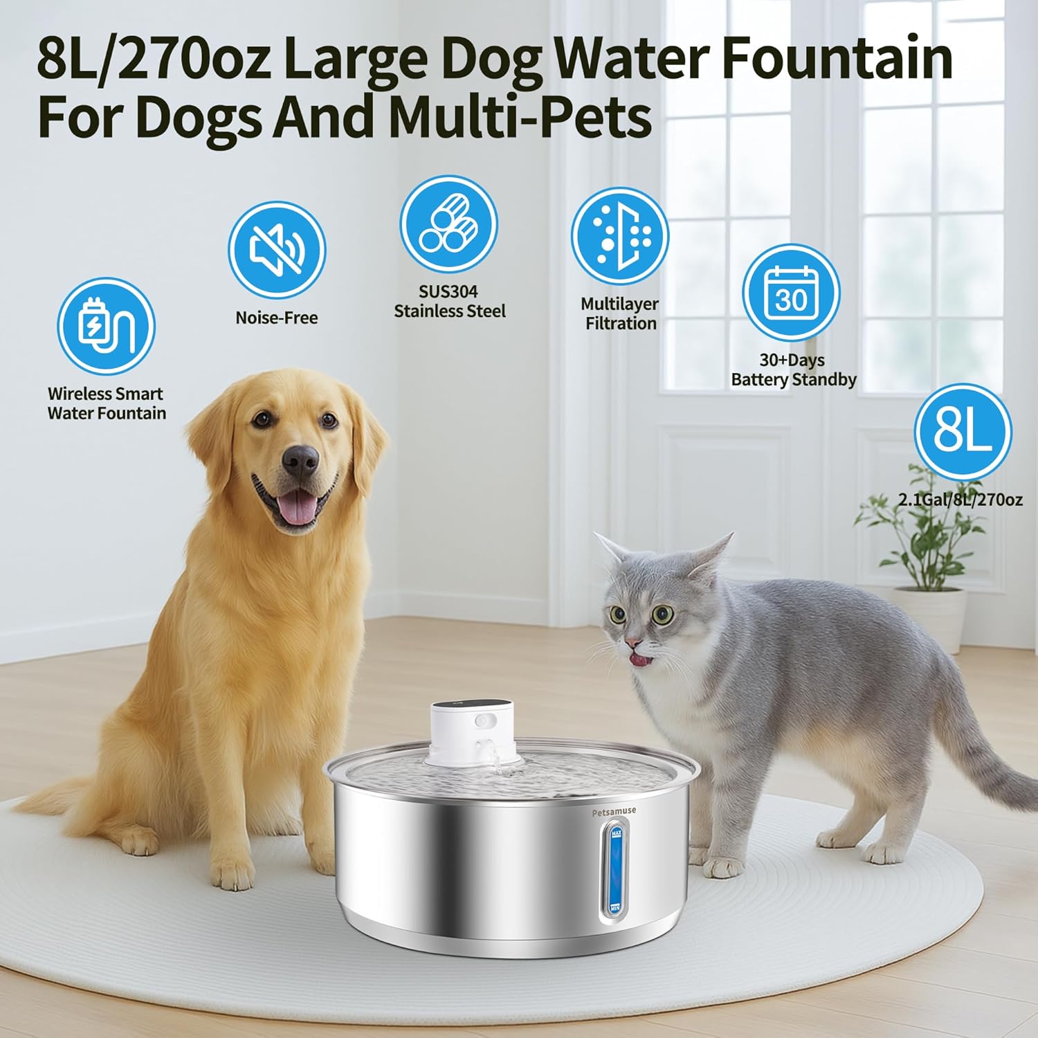 Wireless Dog Water Fountain, 2.1Gal/8L Battery Operated Stainless Steel Pet Water Fountain Motion Sensor Dog Water Bowl Large Cat Bowl Inside with 3 Filters and 2 Ultra Quiet Pumps