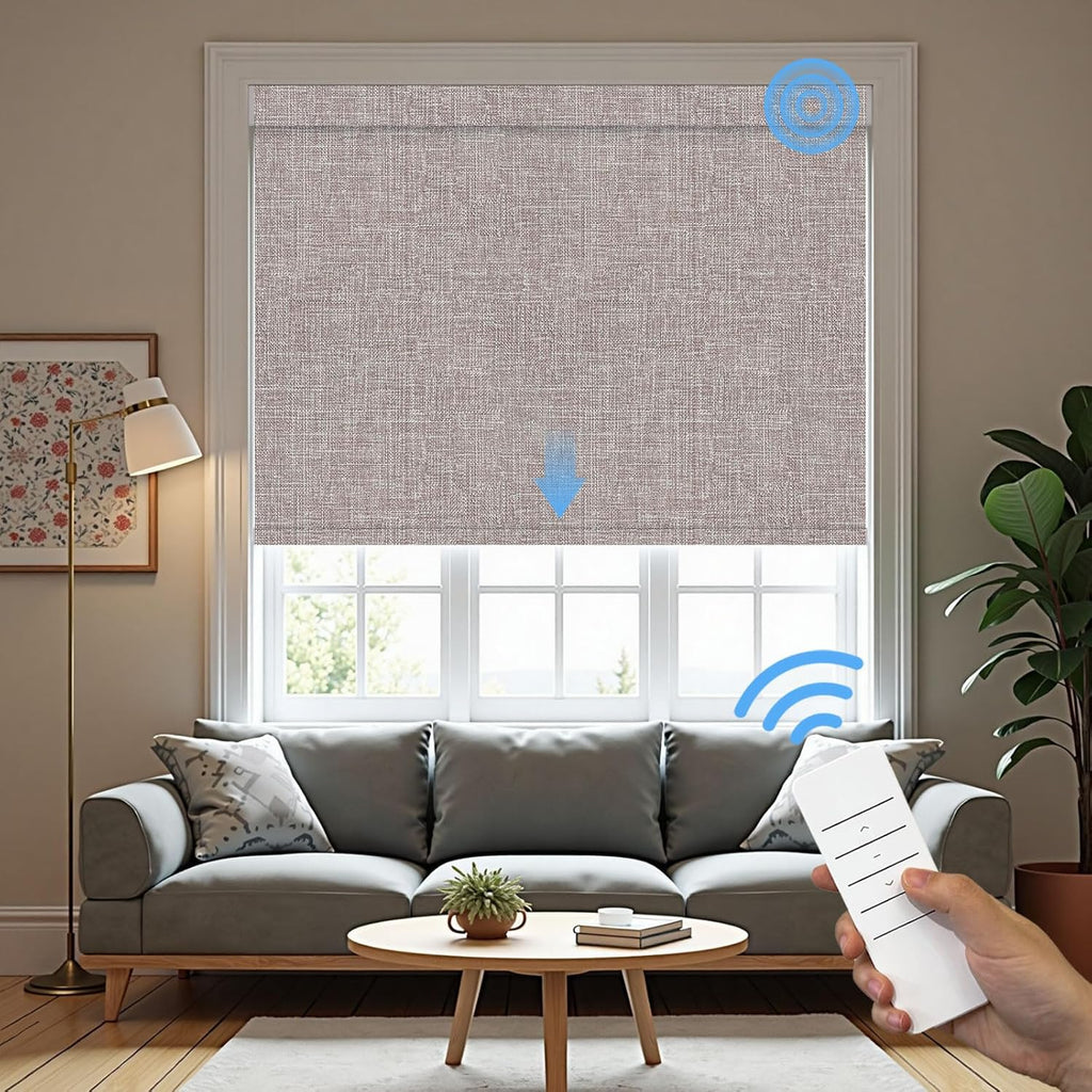 Motorized Roller Blinds with Remote, 100% Blackout Automatic Roller Shades for Bedroom, Bathroom, and Living Room, Customized Size, Cloud Shadow Brown