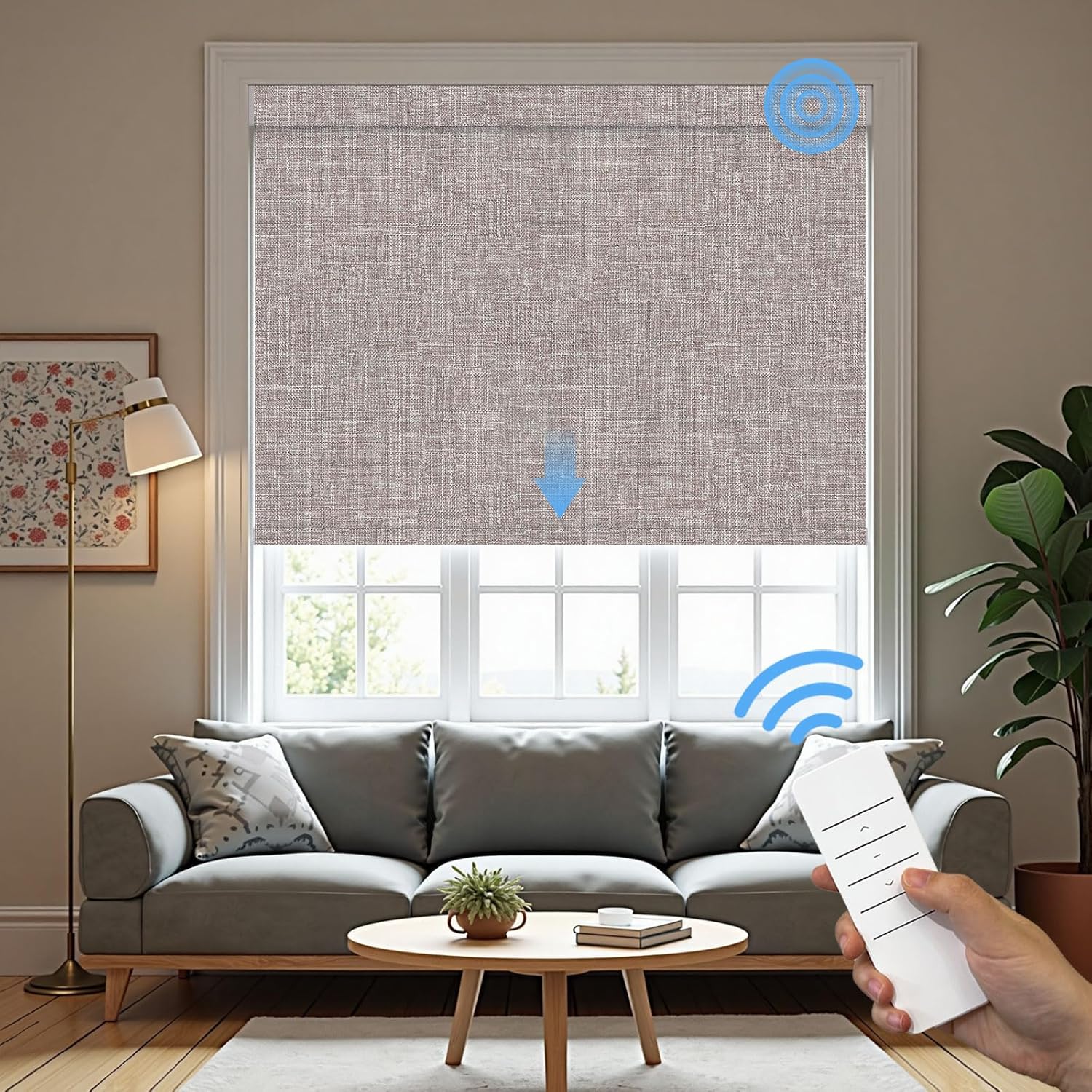Motorized Roller Blinds with Remote, 100% Blackout Automatic Roller Shades for Bedroom, Bathroom, and Living Room, Customized Size, Cloud Shadow Brown