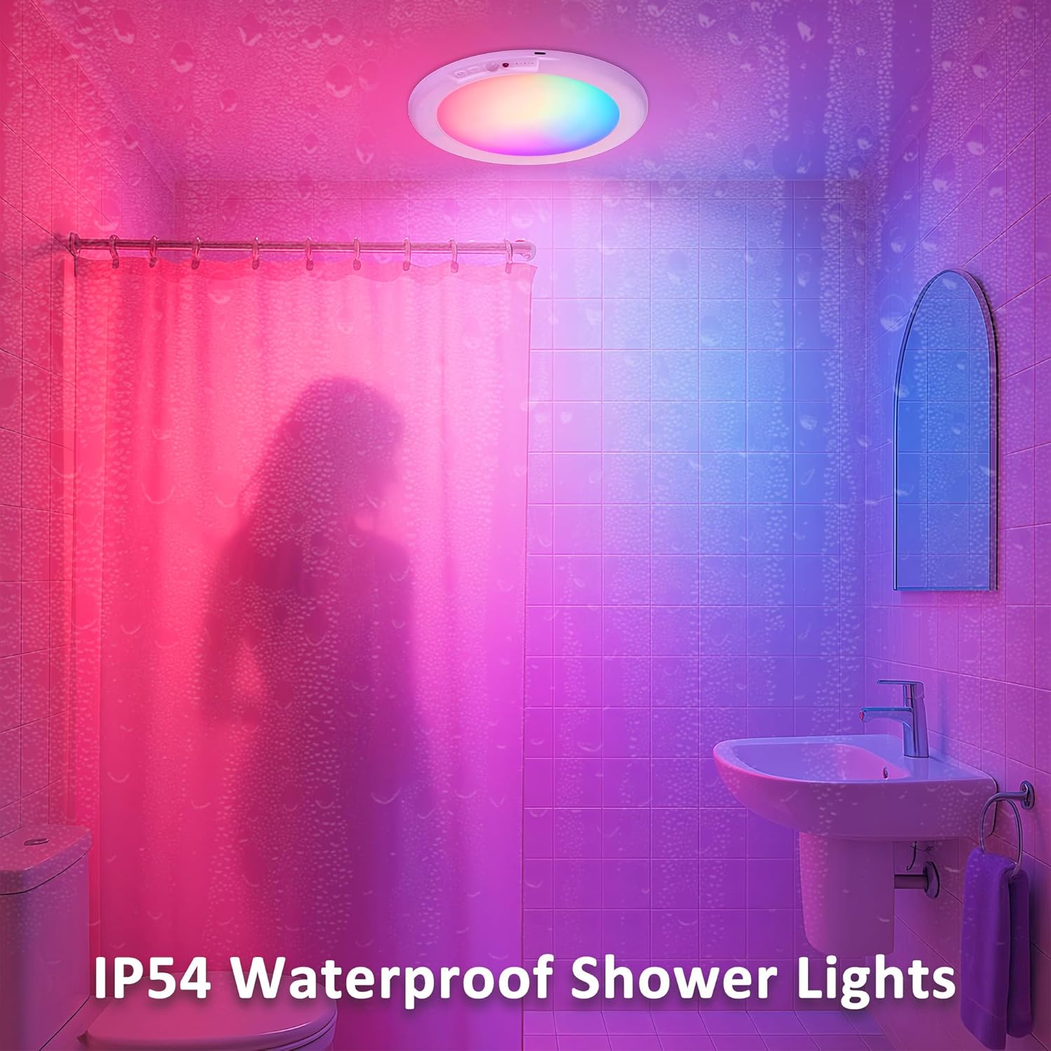 maylit Shower Lights 2 Pack, RGBW Rechargeable Ceiling Light, Waterproof Battery Operated Lamp, Wireless Stick on Inside Motion Sensor Mood LED Lighting for Bathroom No Wiring, Indoor