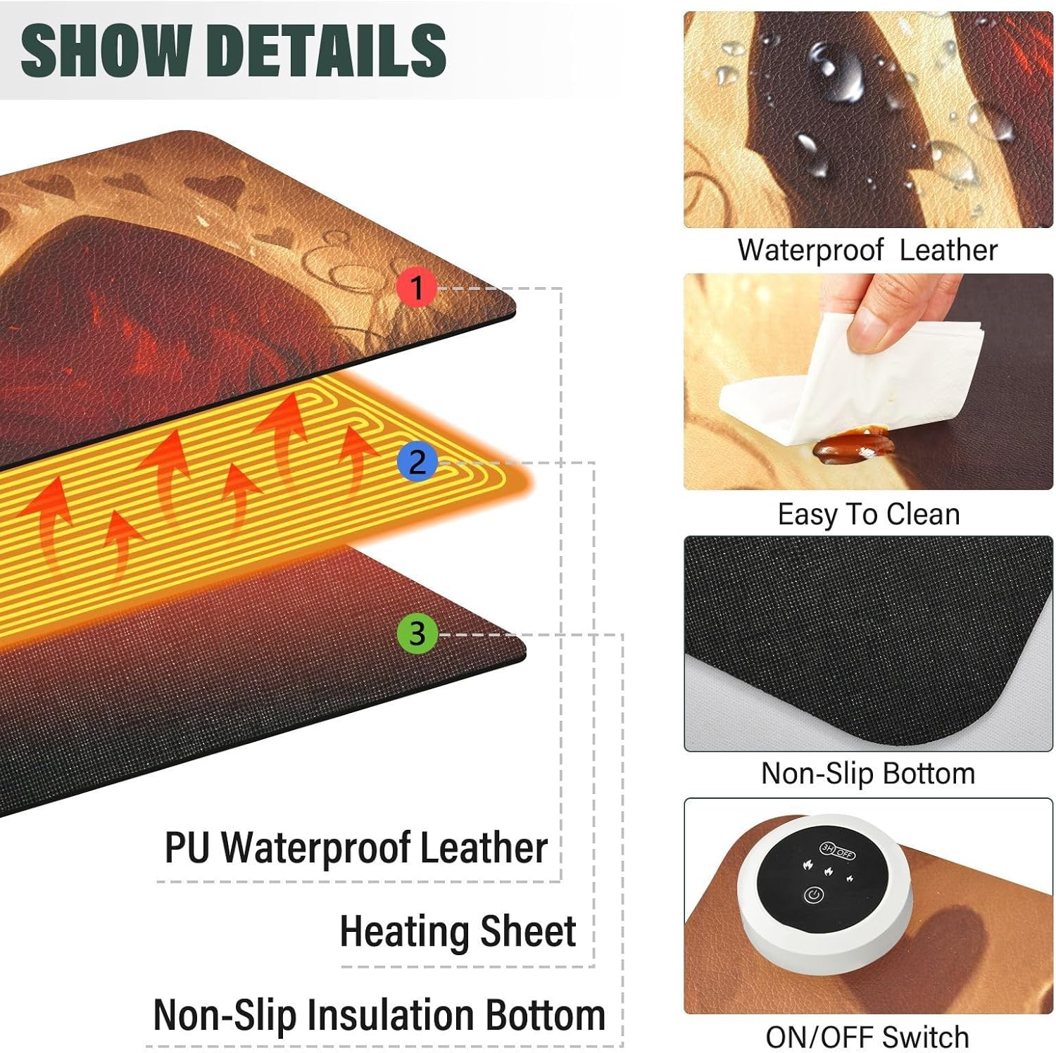 Large Heated Mouse Pad,Leather Desk Mat,31.5"x13",Hand Warmer Pads for Desk,Love(Brown)