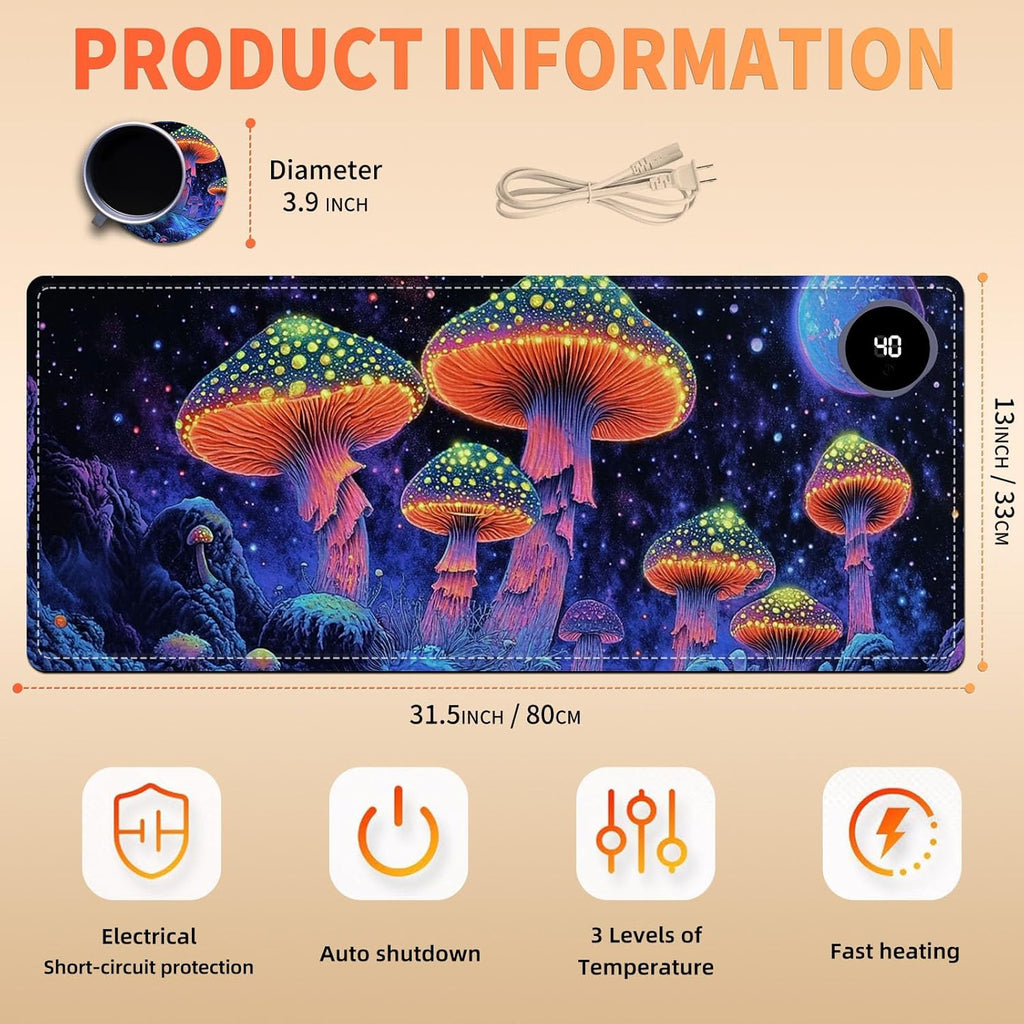 Heated Mouse Pad 31.5x13 in 3-Temp Fast Heating Desk Mat with Auto Timer Warmer for Hands Wrist Pain Relief Waterproof Keyboard Mat for Office, Gaming, Home, Mushroom Galaxy Art